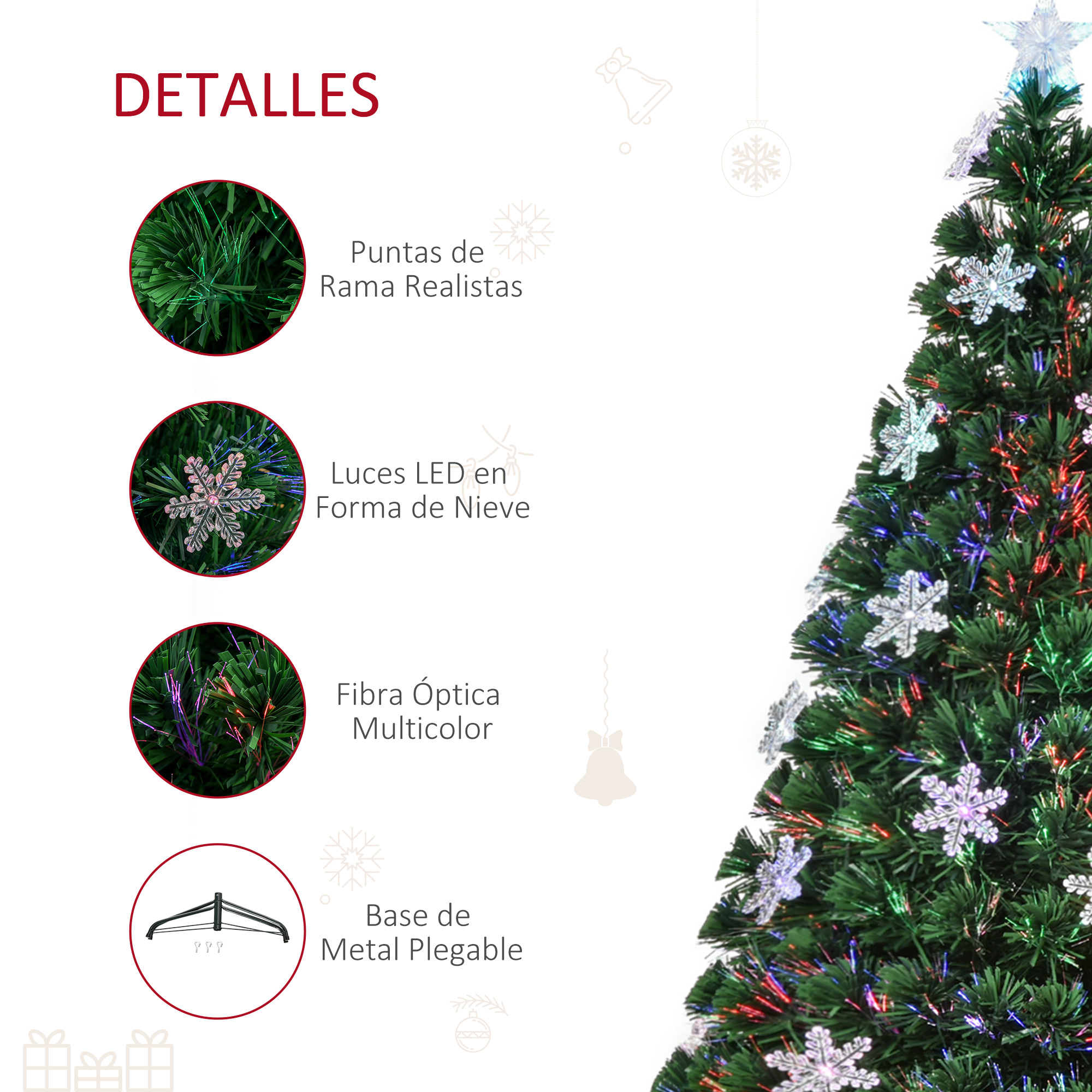 Detalles de un árbol de Navidad. Primeros planos muestran ramas realistas, luces de copo de nieve y fibra óptica.