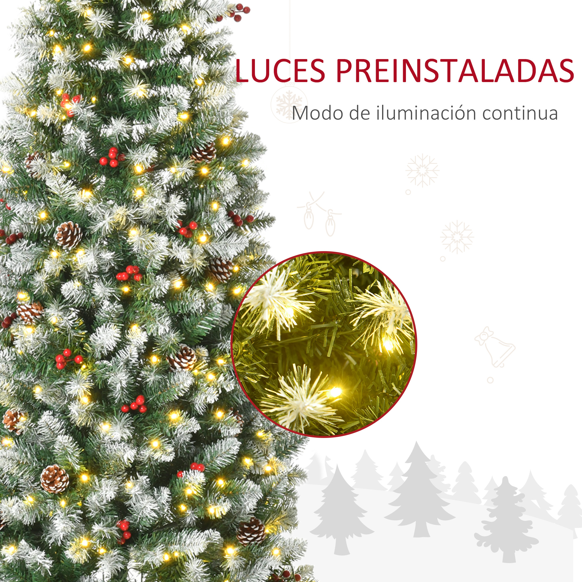 Árbol de Navidad con luces preinstaladas, ramas cubiertas de nieve y adornos.