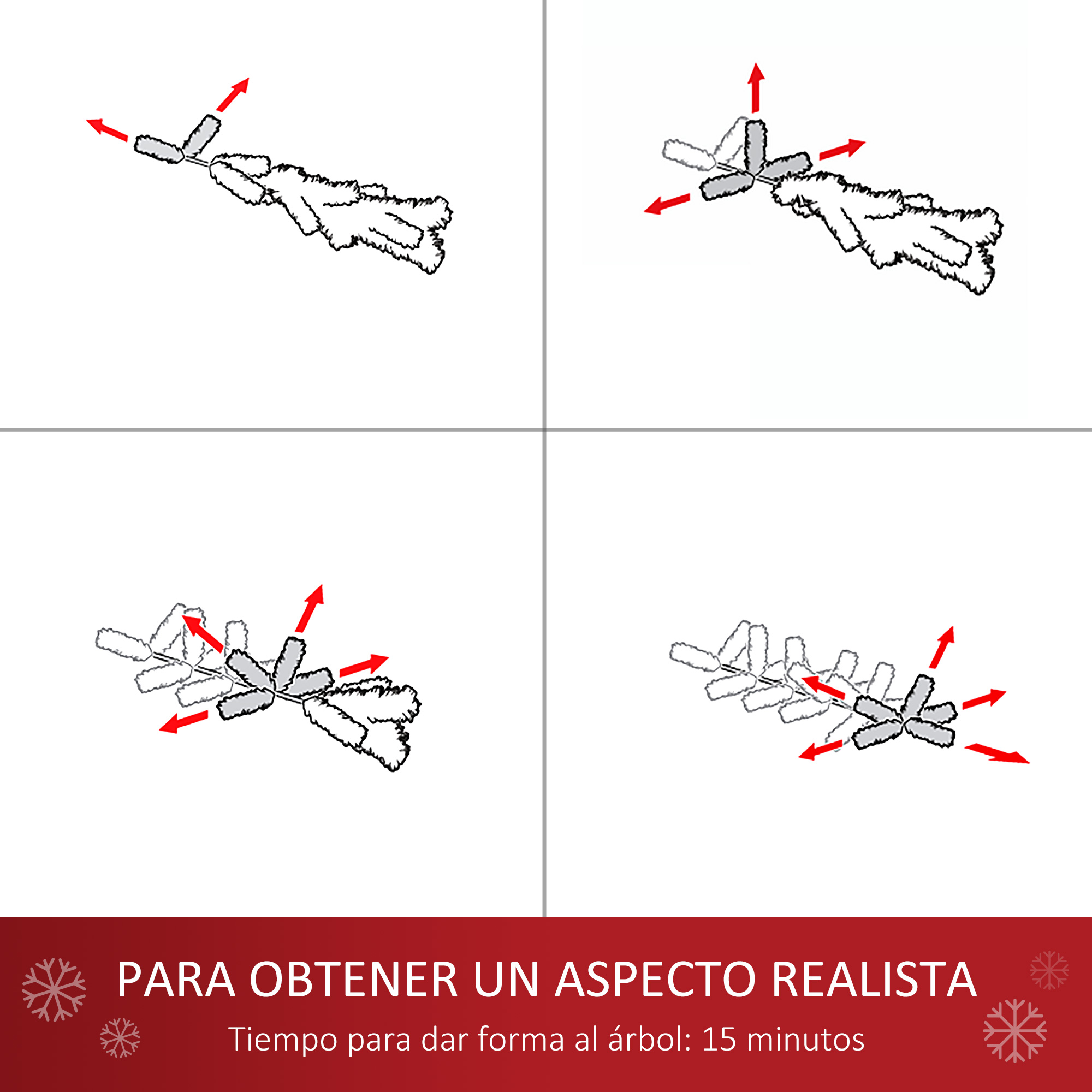 Instrucciones para dar forma a un árbol de Navidad, con flechas rojas indicando la dirección de las ramas.