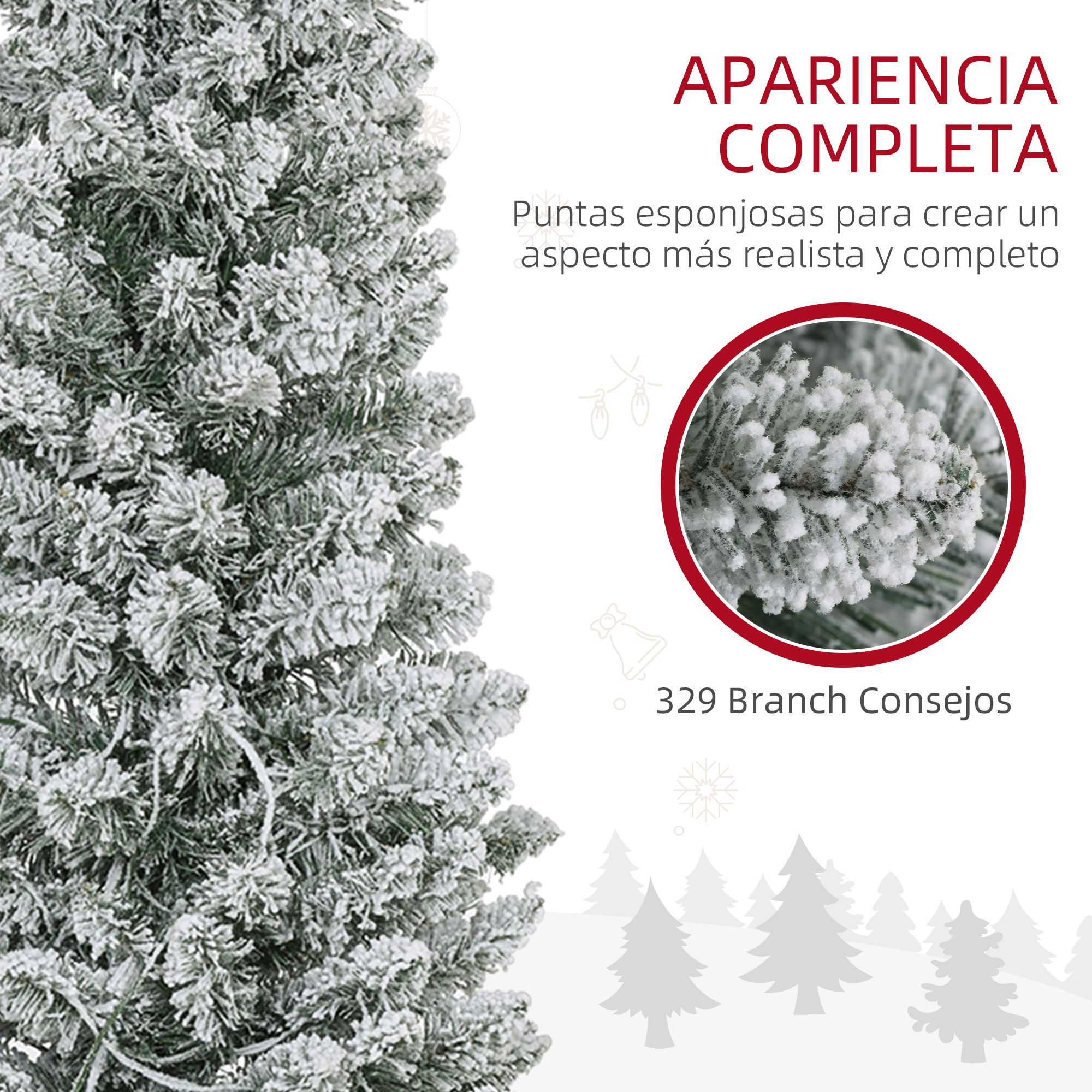 Árbol de Navidad cubierto de nieve con texto sobre las puntas.