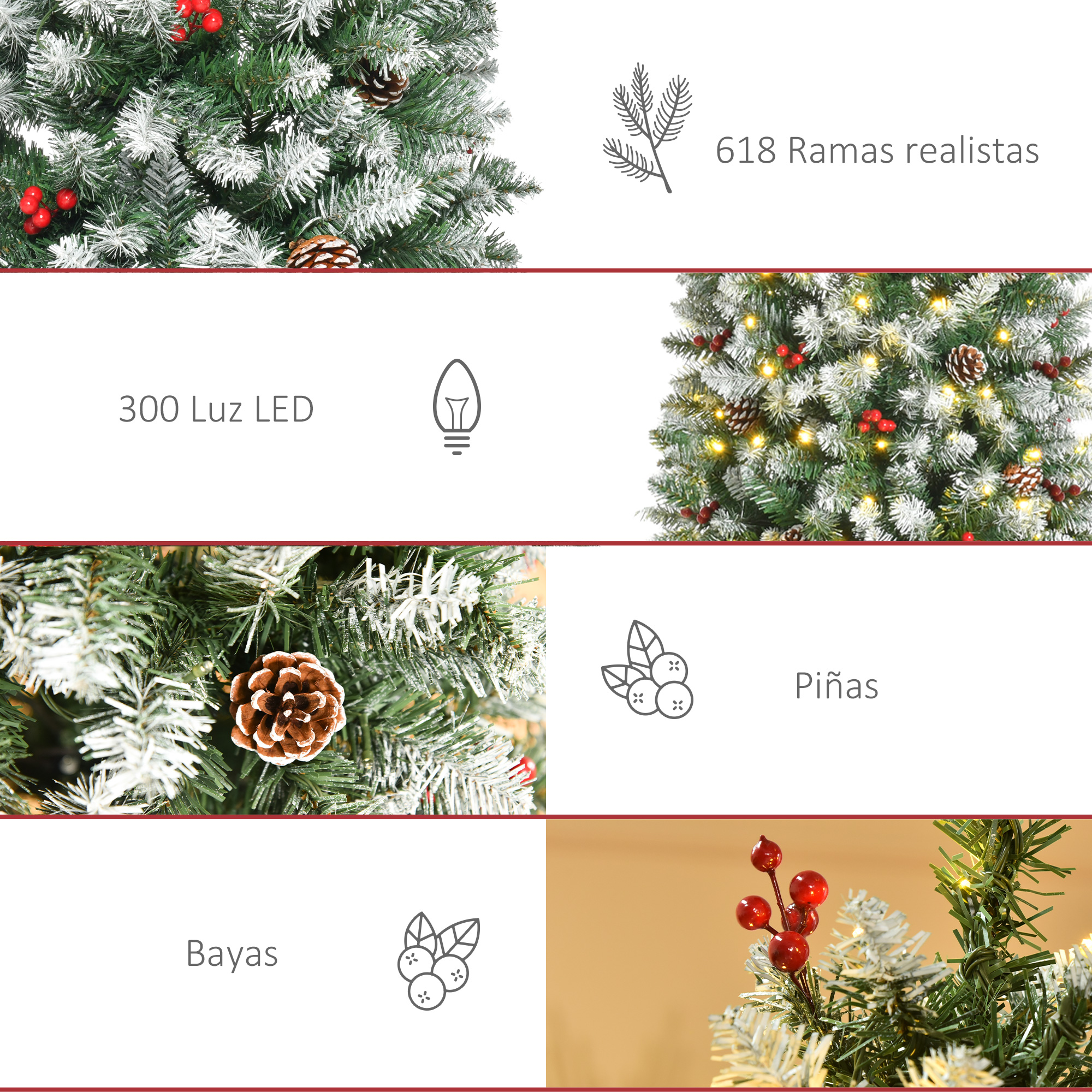 Primer plano de un árbol de Navidad con nieve, piñas, bayas rojas y luces. También etiquetas de texto.