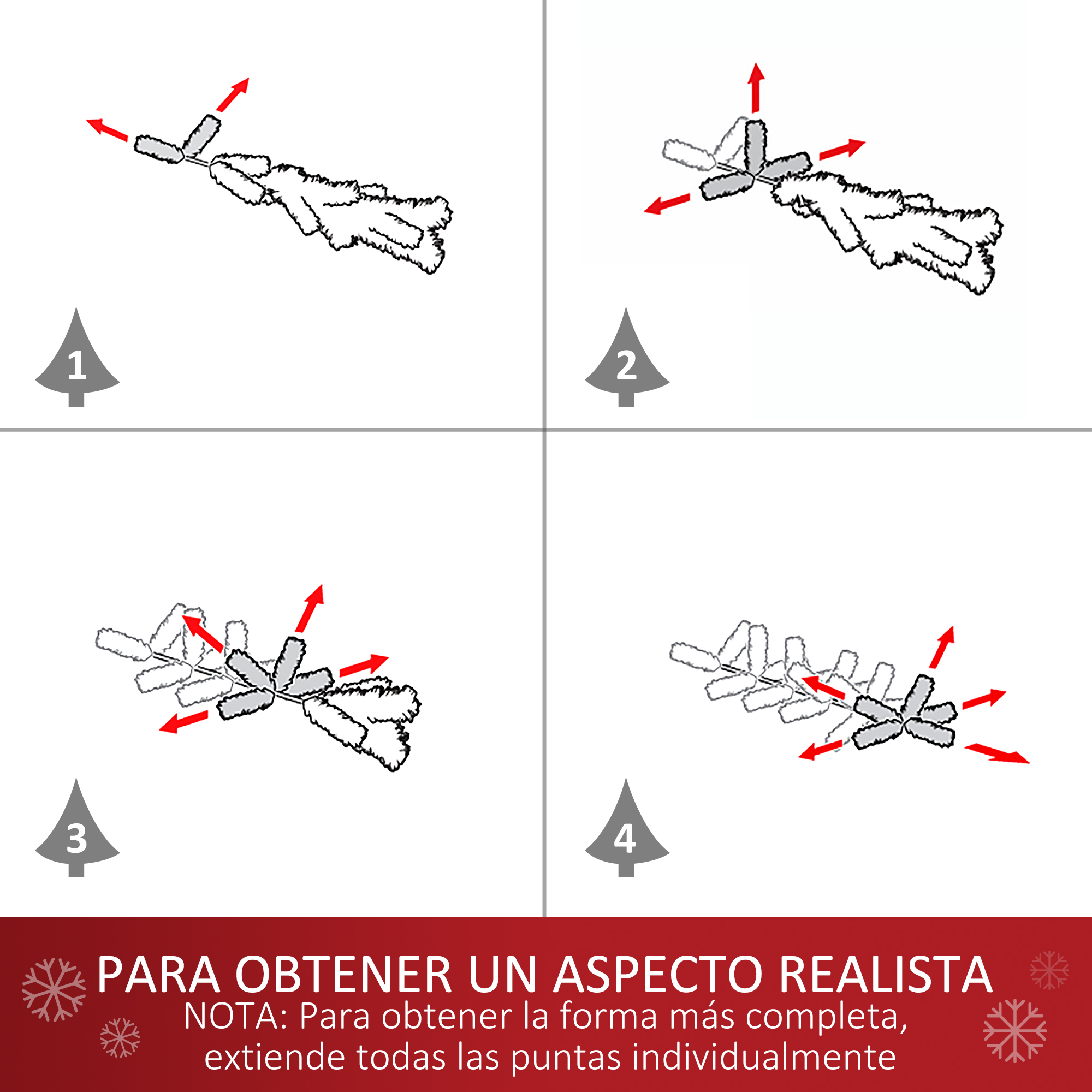 Instrucciones para extender las ramas de un árbol de Navidad para lograr una apariencia realista.