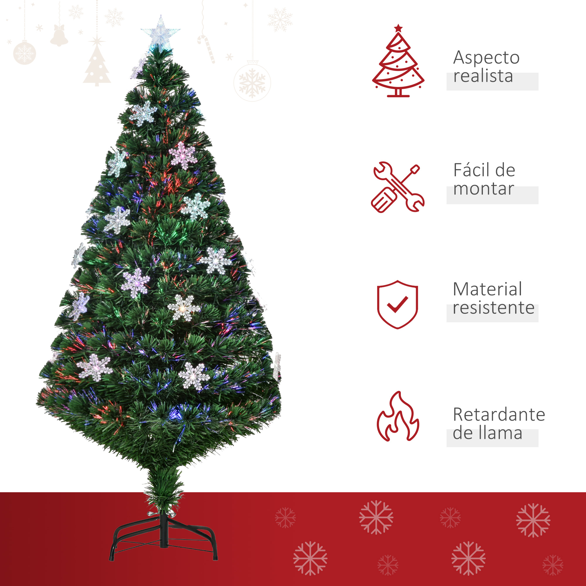 Un árbol de Navidad verde con luces de copo de nieve e iconos con texto sobre características.