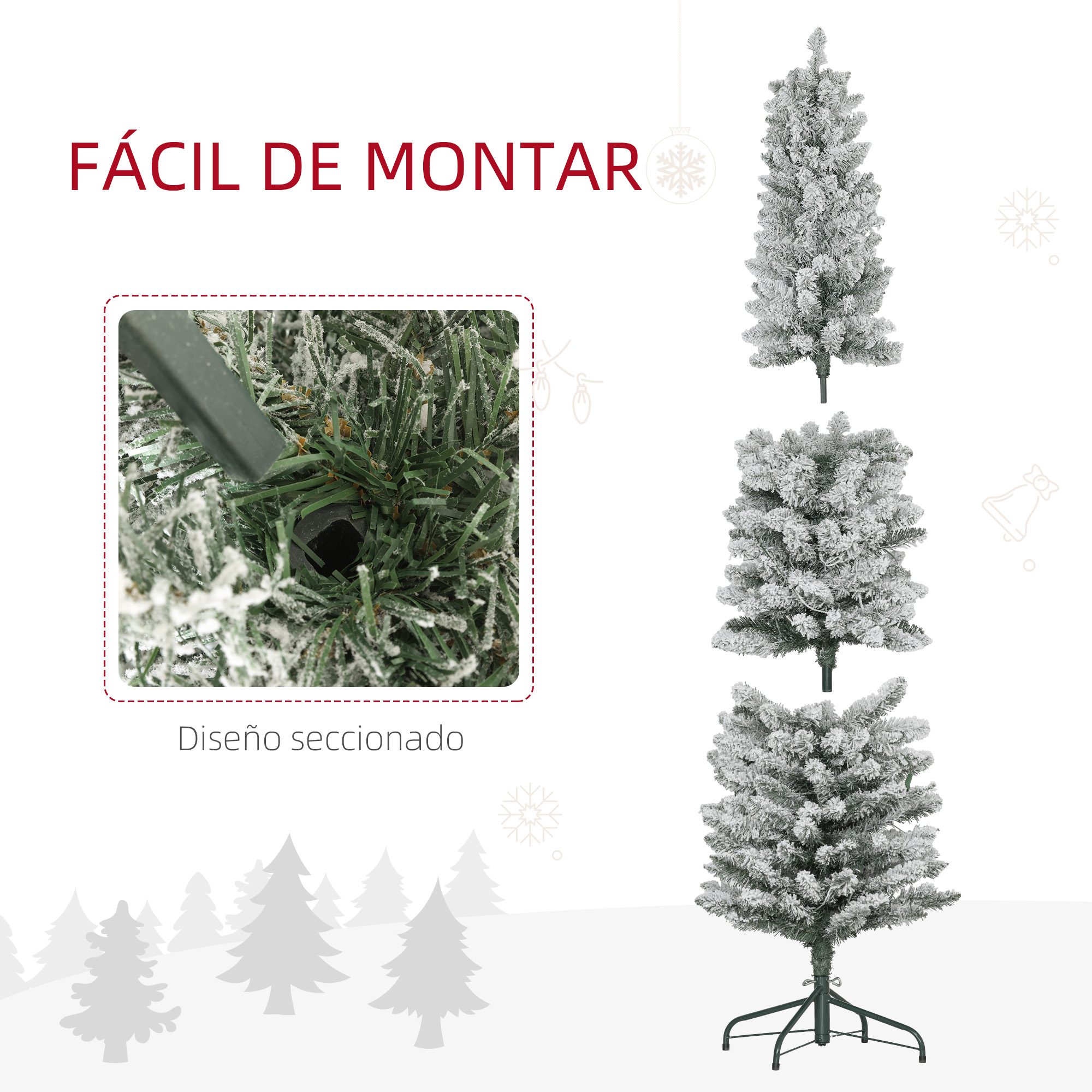 Tres árboles de Navidad nevados con el texto "FÁCIL DE MONTAR" en español. Se muestra un primer plano de la base.