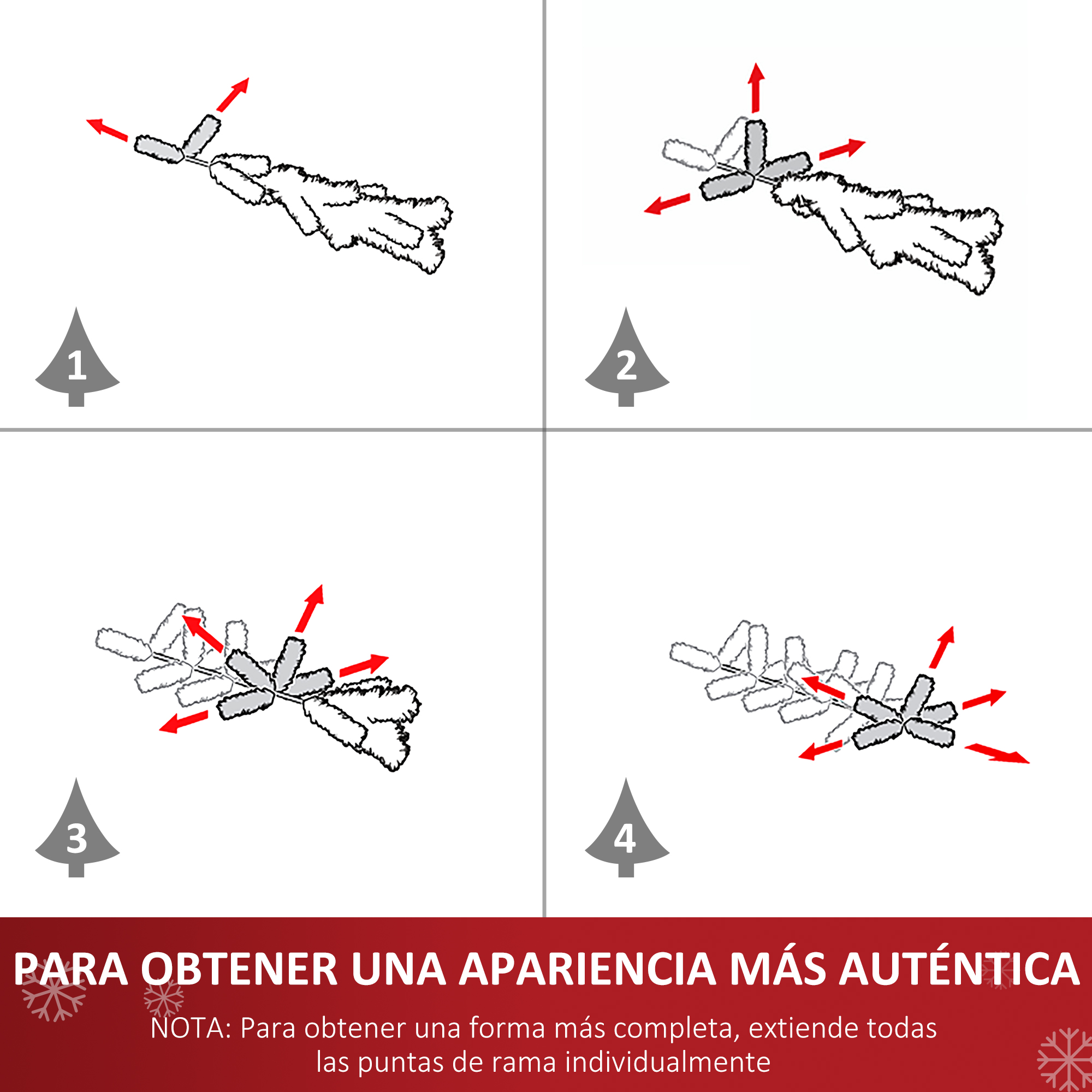 Diagrama instructivo que muestra cómo colocar las ramas del árbol para una apariencia más completa.