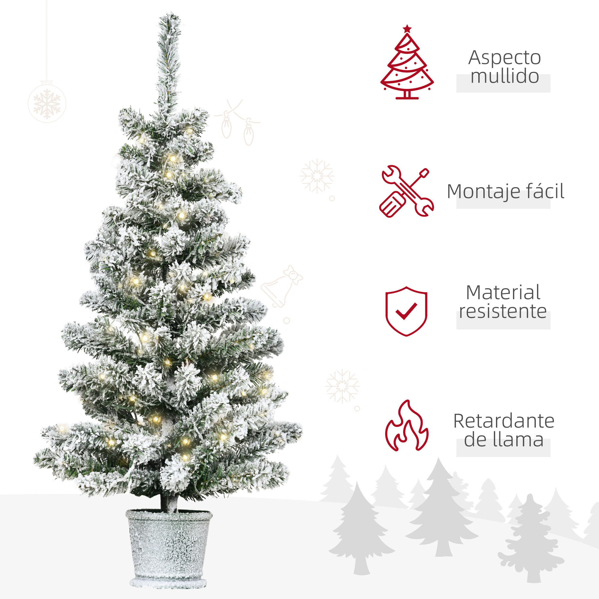 Árbol de Navidad cubierto de nieve en maceta, con luces. Ilustraciones muestran: aspecto mullido, fácil montaje, etc.