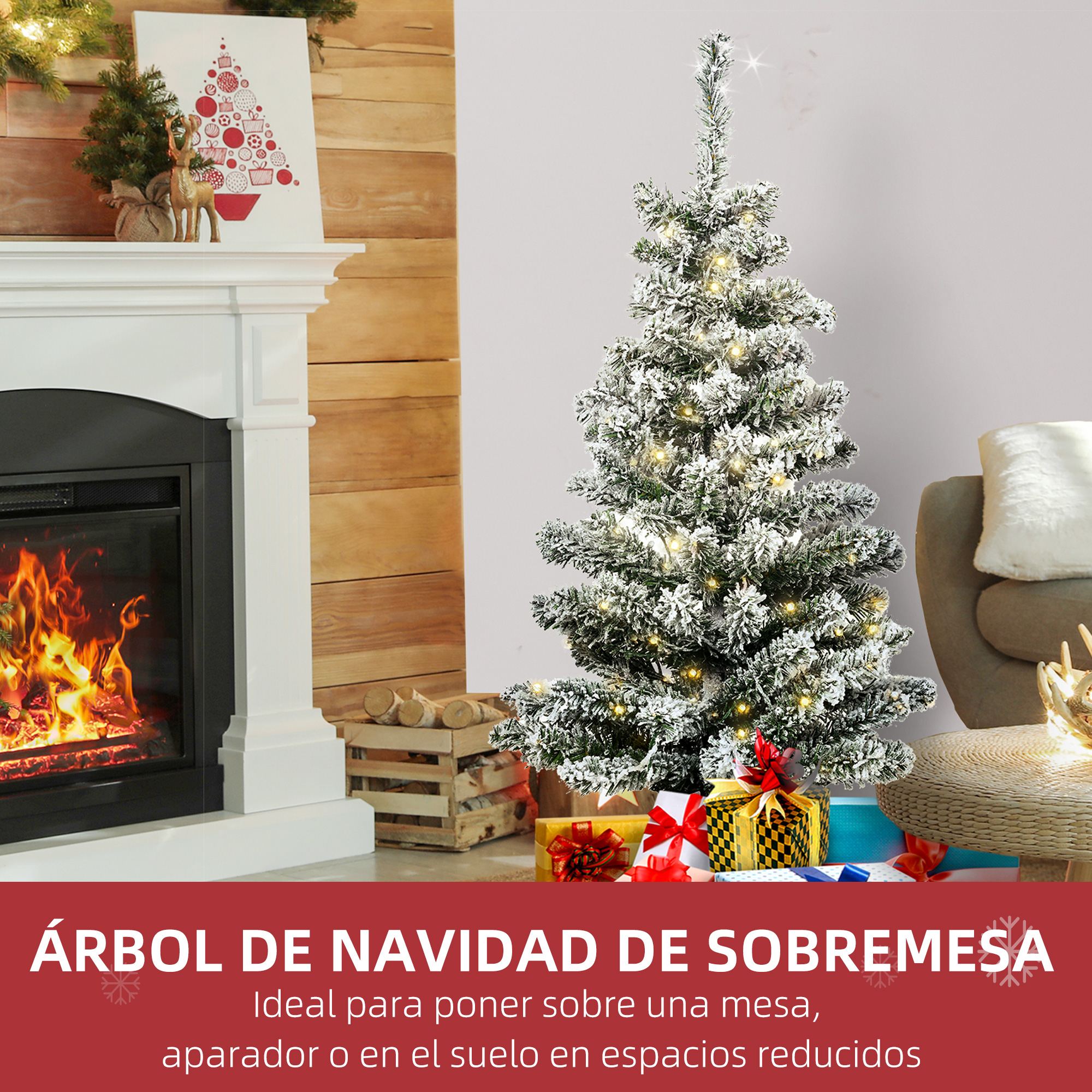 Un pequeño árbol de Navidad decorado está cerca de una chimenea con regalos.