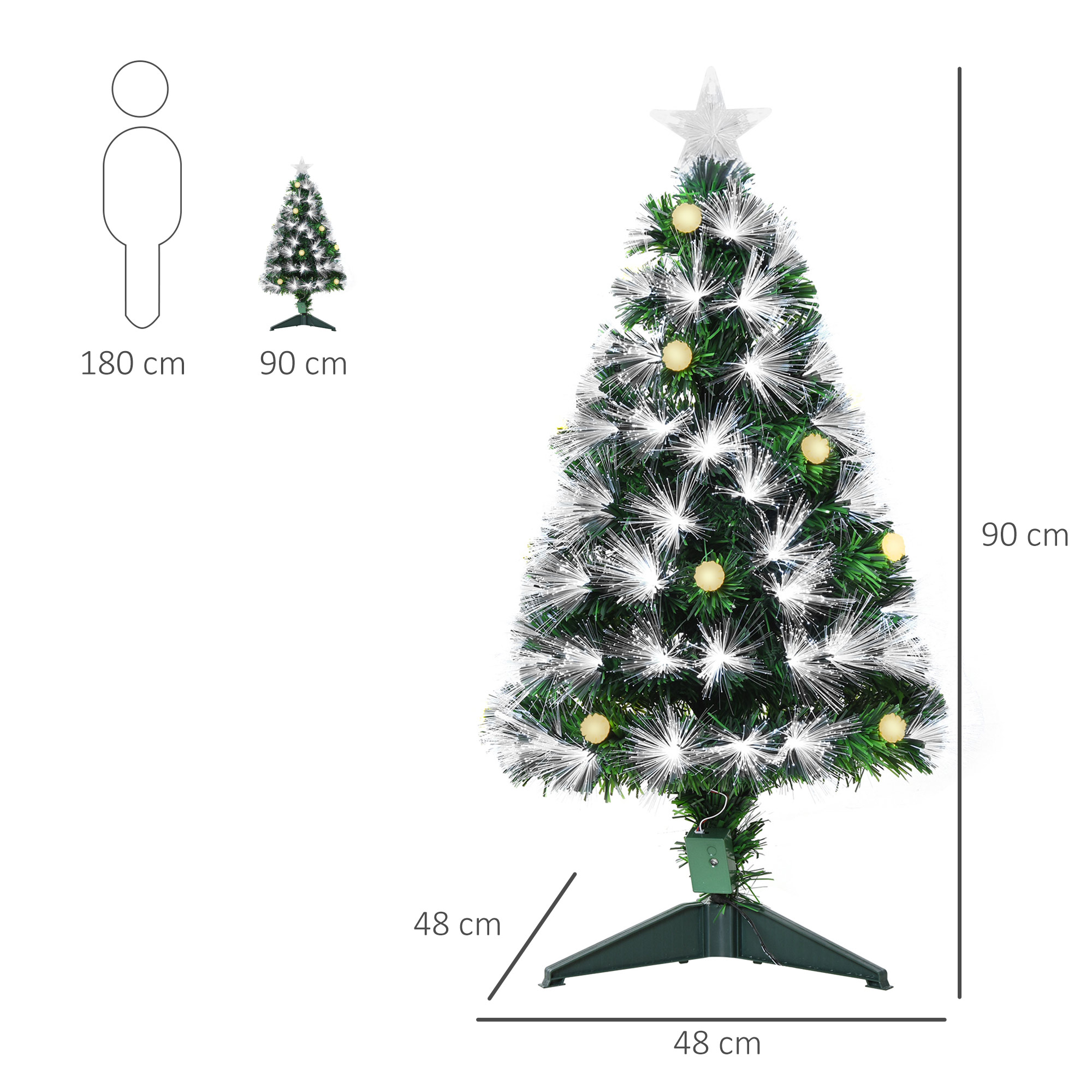 Un árbol de Navidad de 90 cm de altura. Un icono de persona a la izquierda muestra una comparación con un humano de 180 cm.