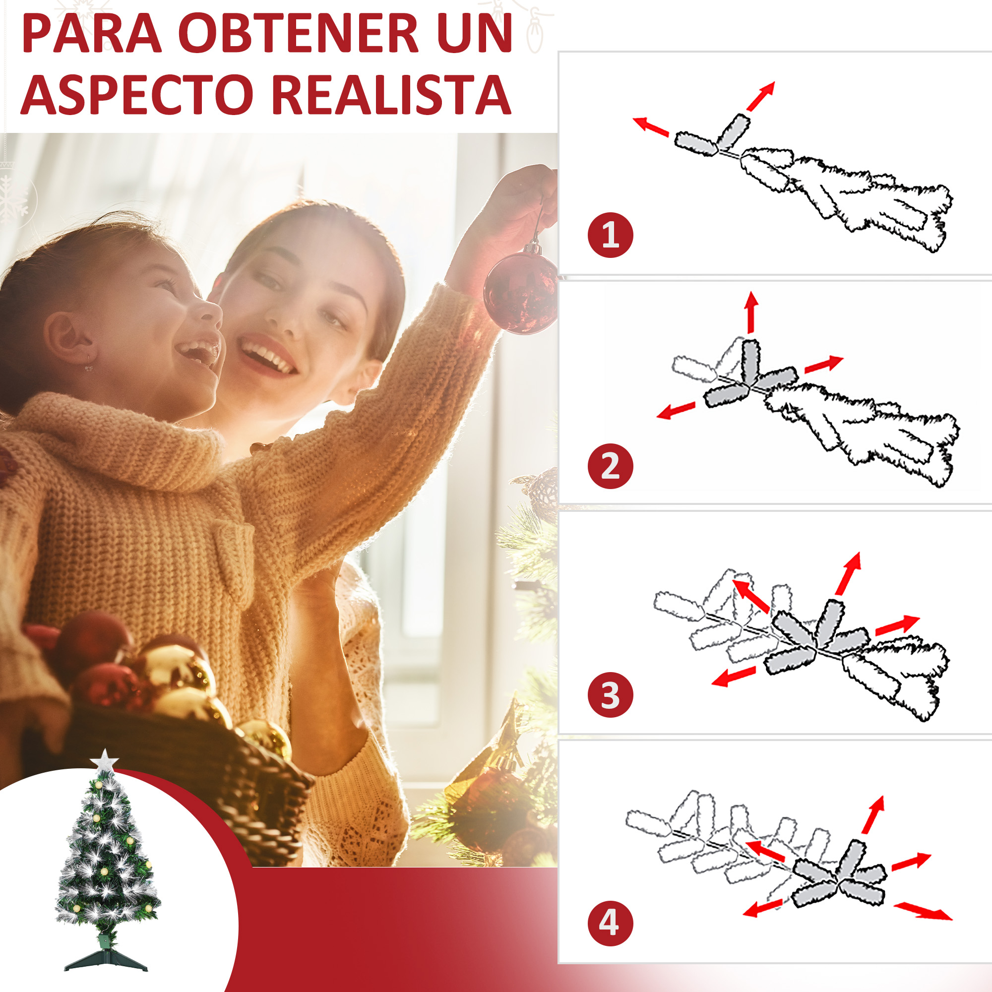 Madre e hija colocando adornos en un árbol de Navidad. Diagrama a la derecha.