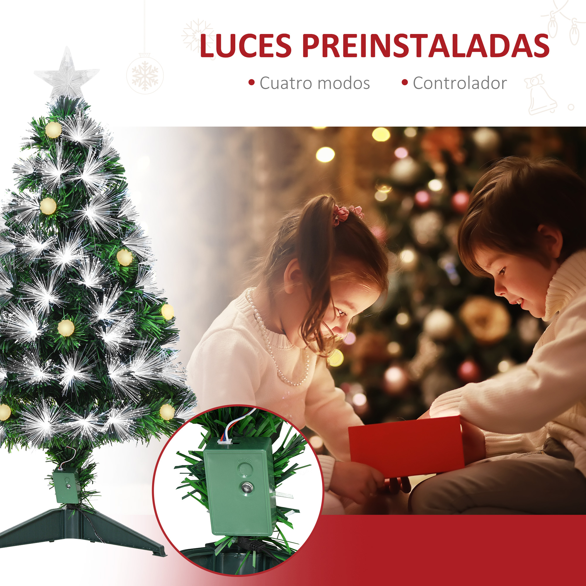 Dos niños abriendo un regalo rojo cerca de un árbol de Navidad con luces y una estrella.
