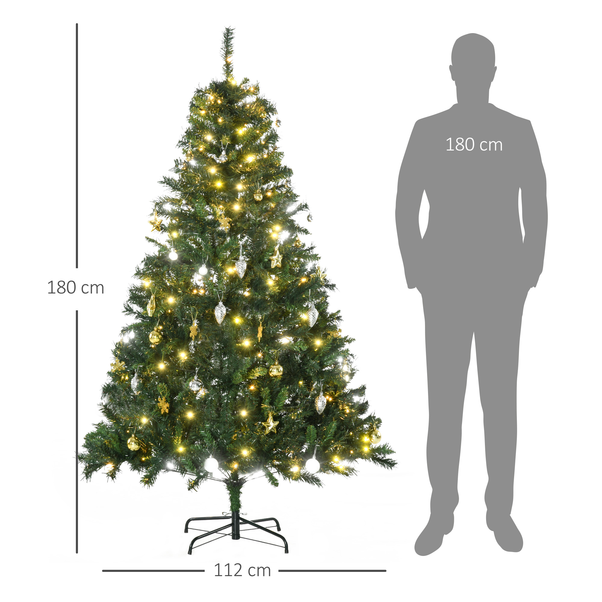 Un árbol de Navidad alto decorado con una silueta de persona al lado. Se muestran las dimensiones en cm.
