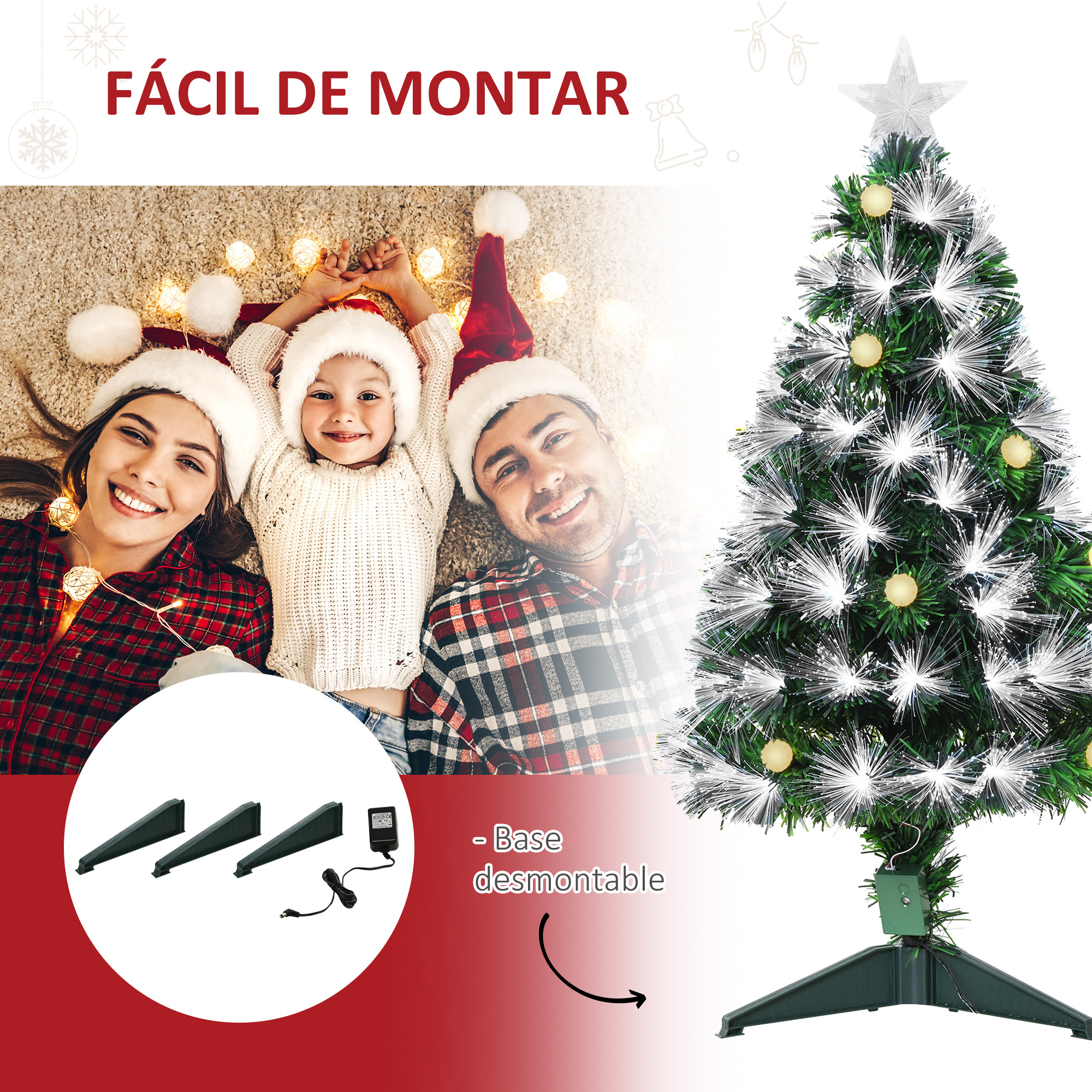 Una familia yace en una alfombra junto a un árbol de Navidad artificial, con luces blancas y una estrella encima.