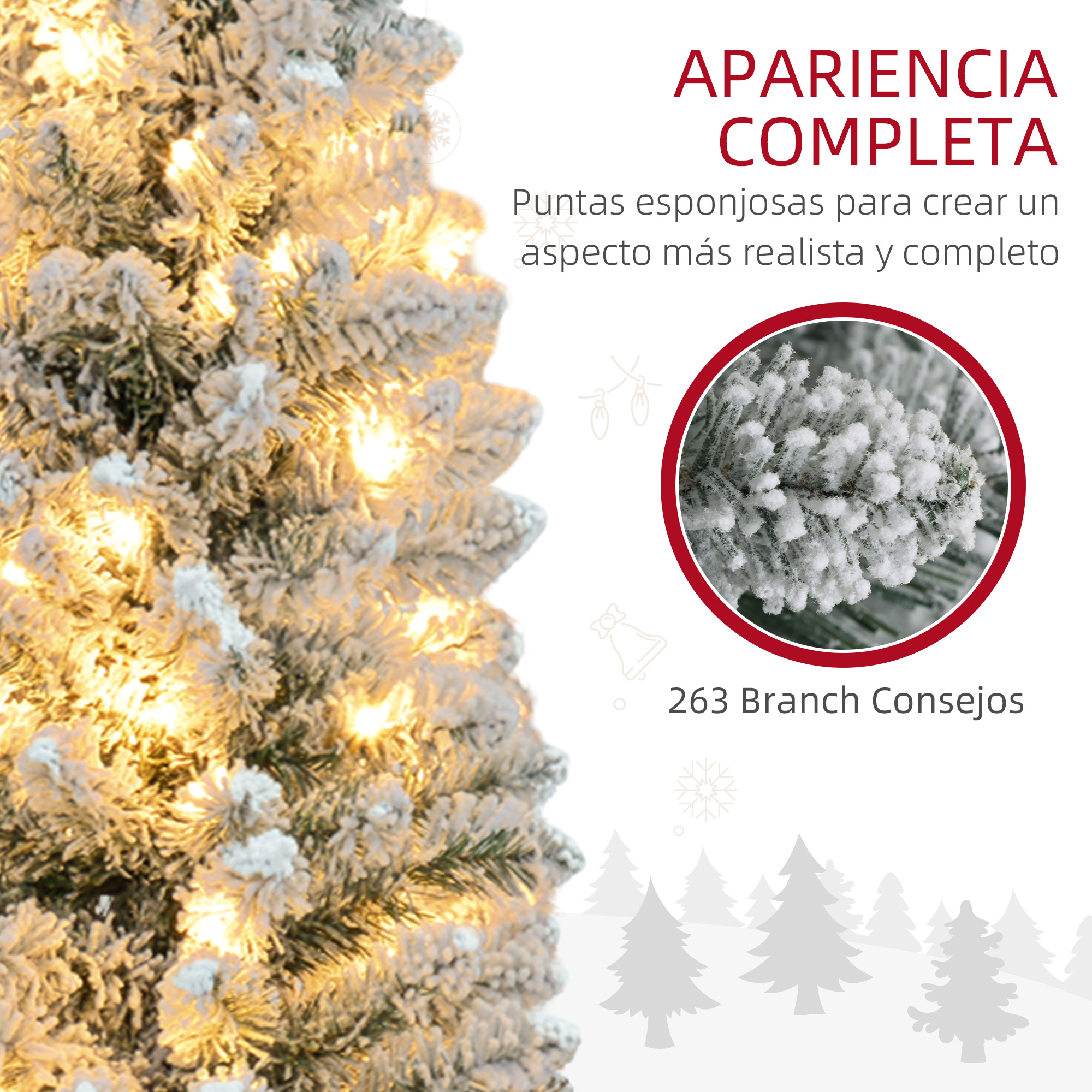 Primer plano de un árbol de Navidad nevado con luces y texto.