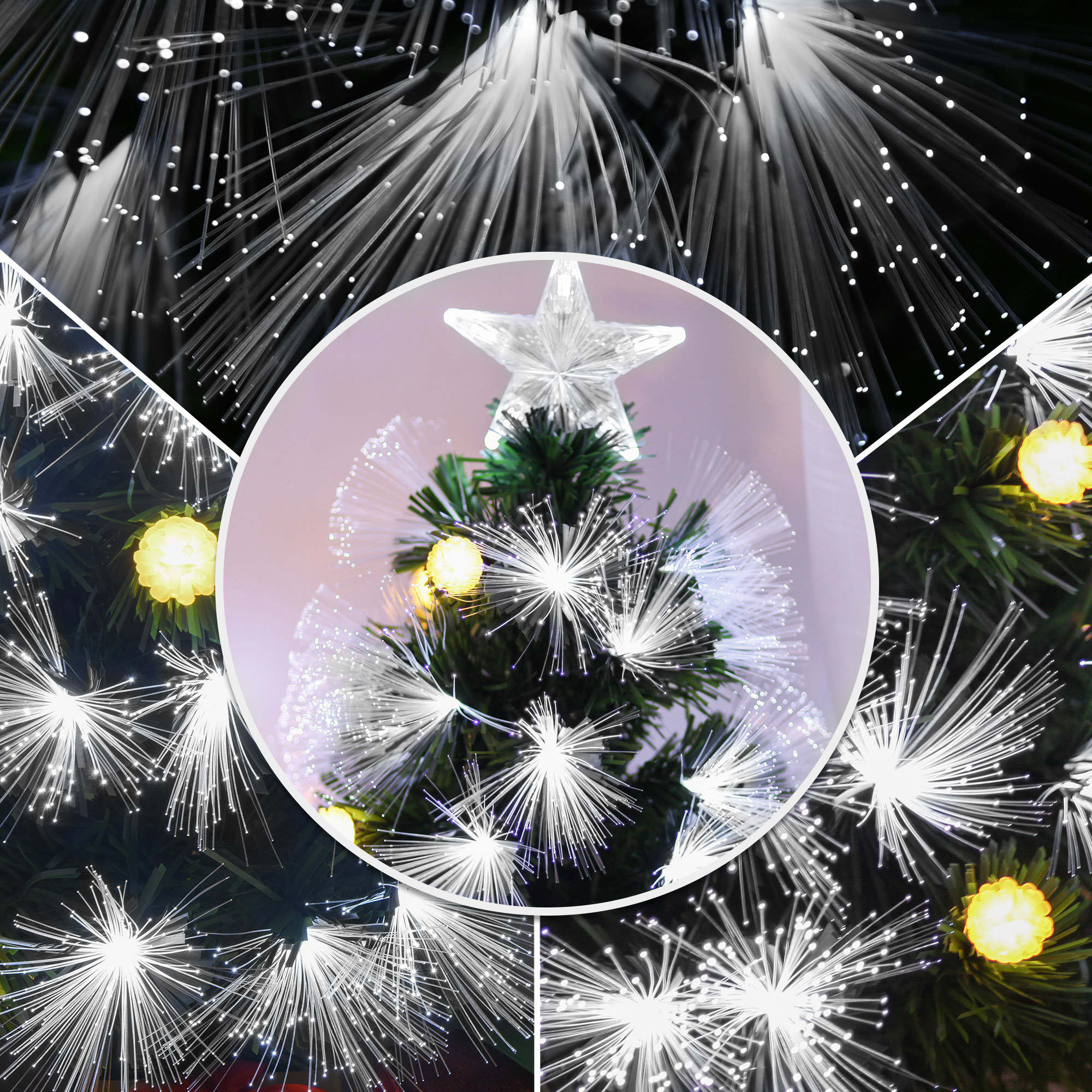 Un primer plano de un pequeño árbol de Navidad con luces de fibra óptica, rodeado por un fondo blanco.