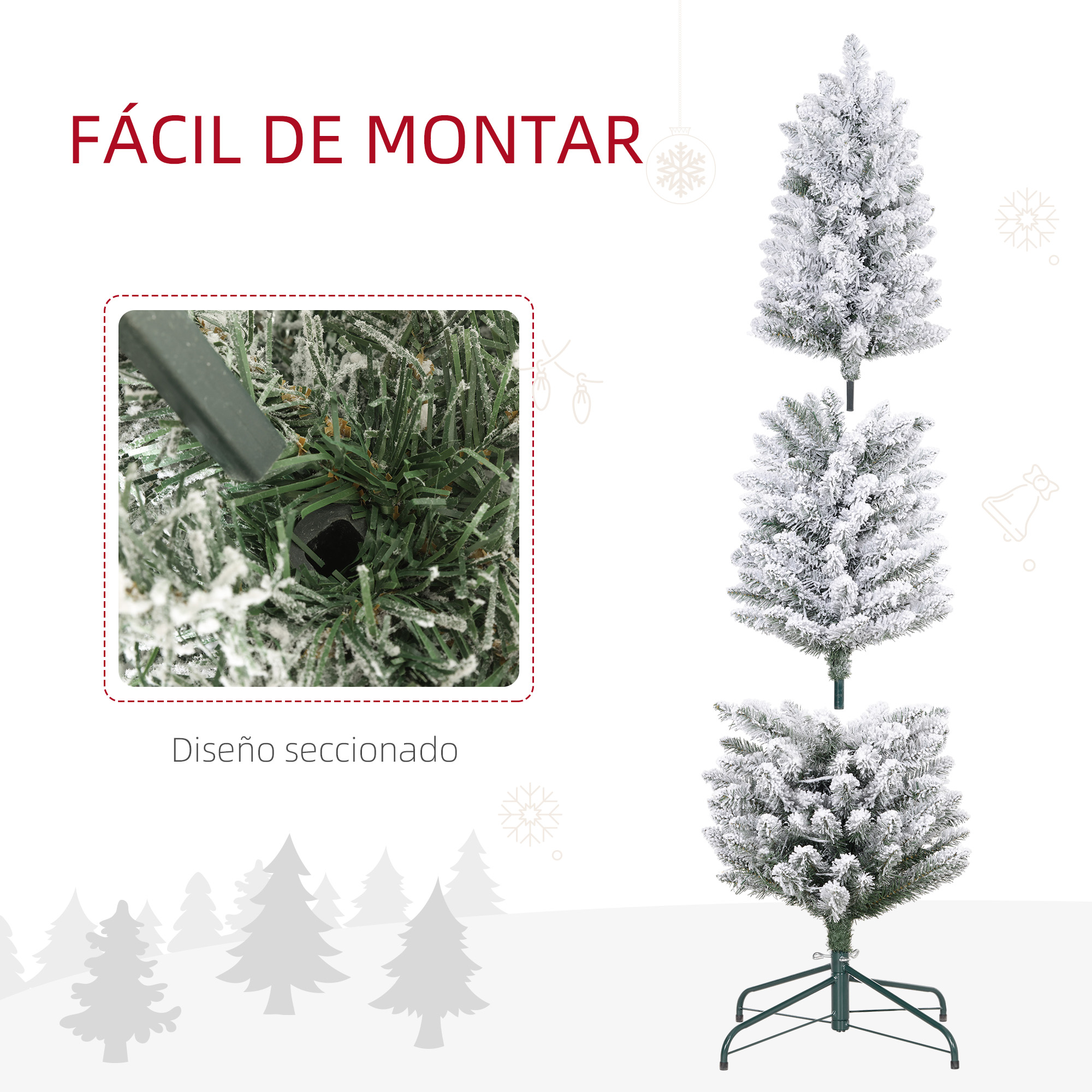 Árbol de Navidad con efecto nieve y soporte, primer plano detallado.