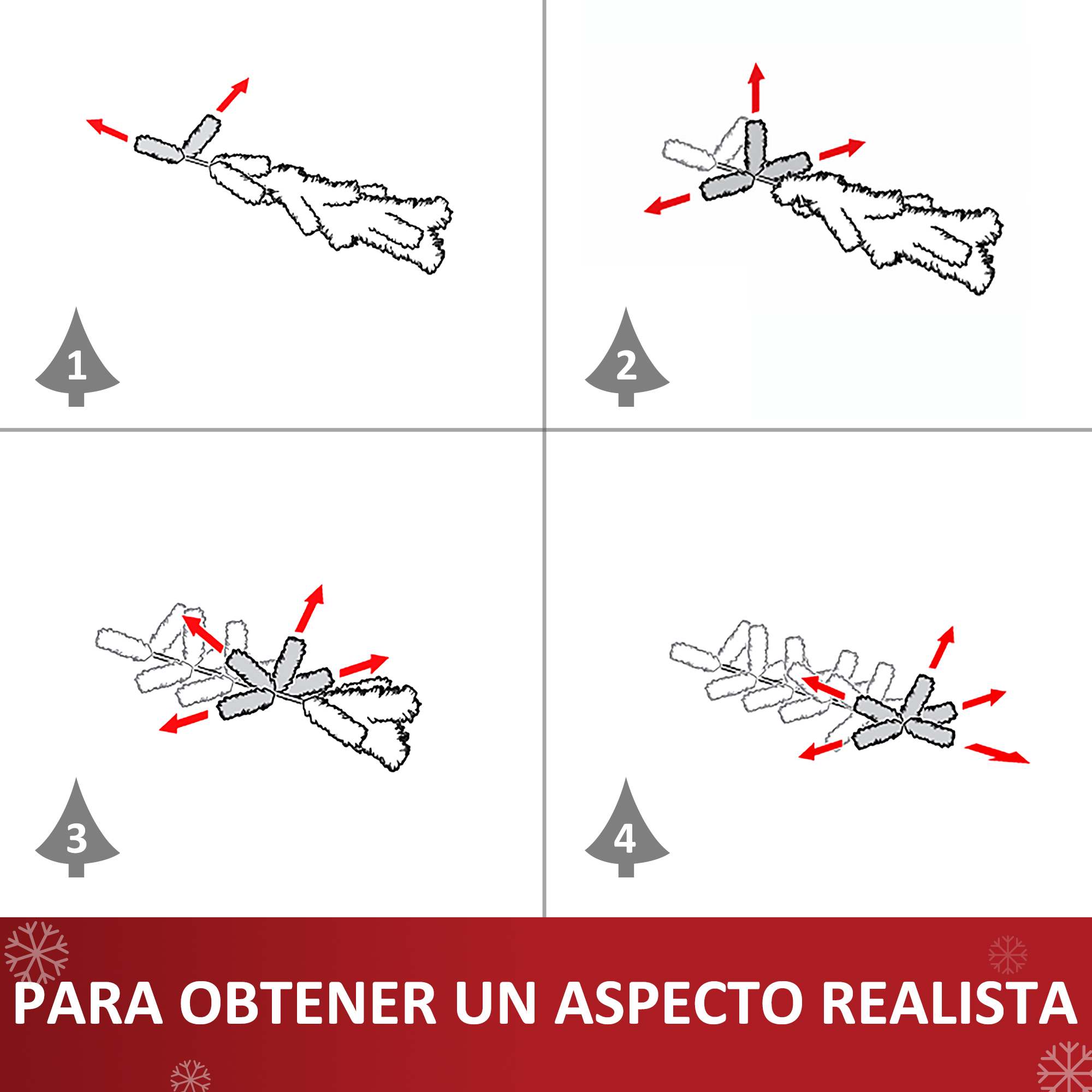 Instrucciones paso a paso para ensamblar un árbol de Navidad con flechas rojas.