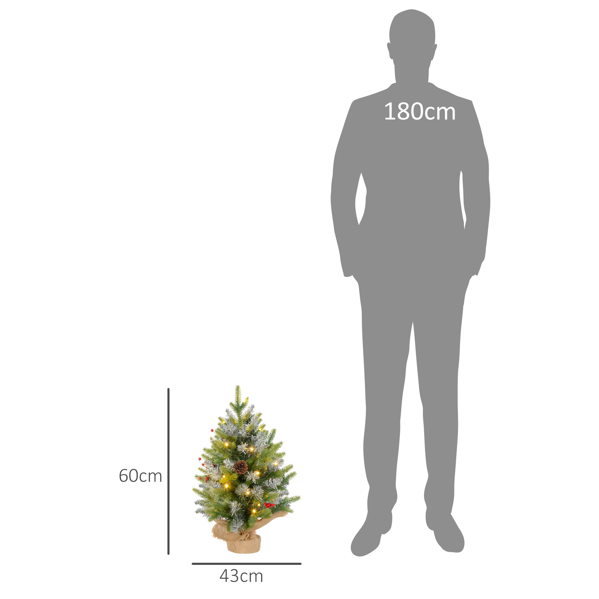 Un pequeño árbol de Navidad con dimensiones y una silueta humana.