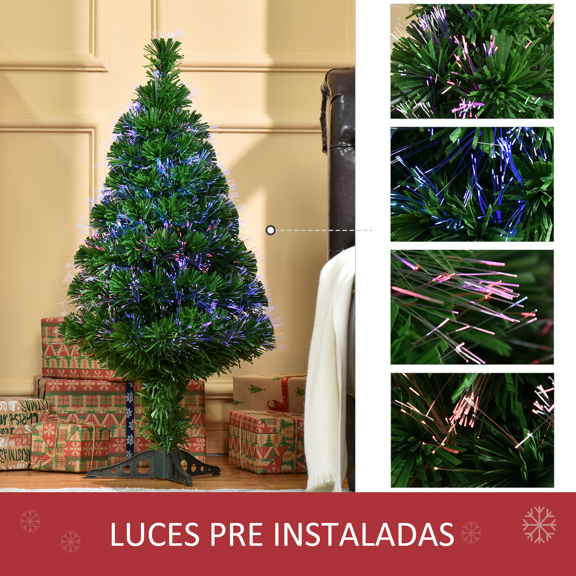 Árbol de Navidad verde con luces de fibra óptica. Regalos debajo. Primeros planos de las luces.