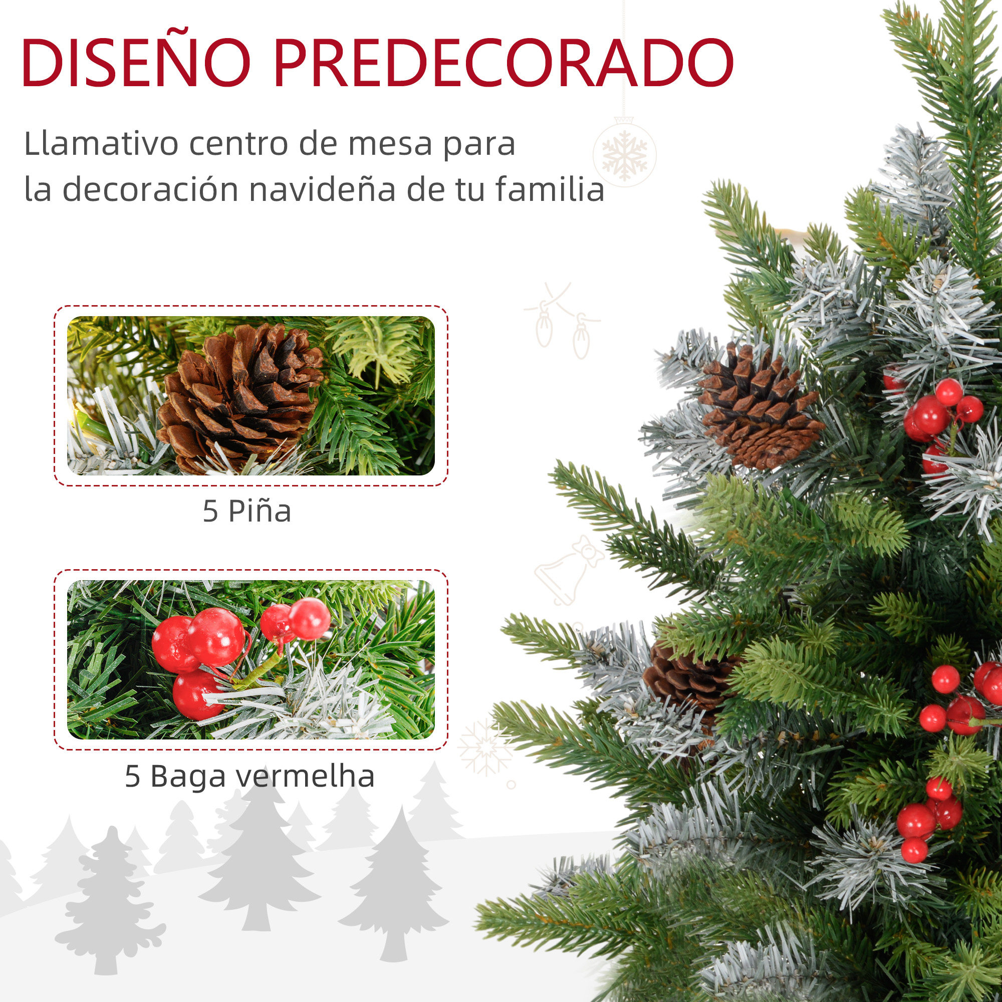 Primer plano de un árbol de Navidad con piñas y bayas rojas.