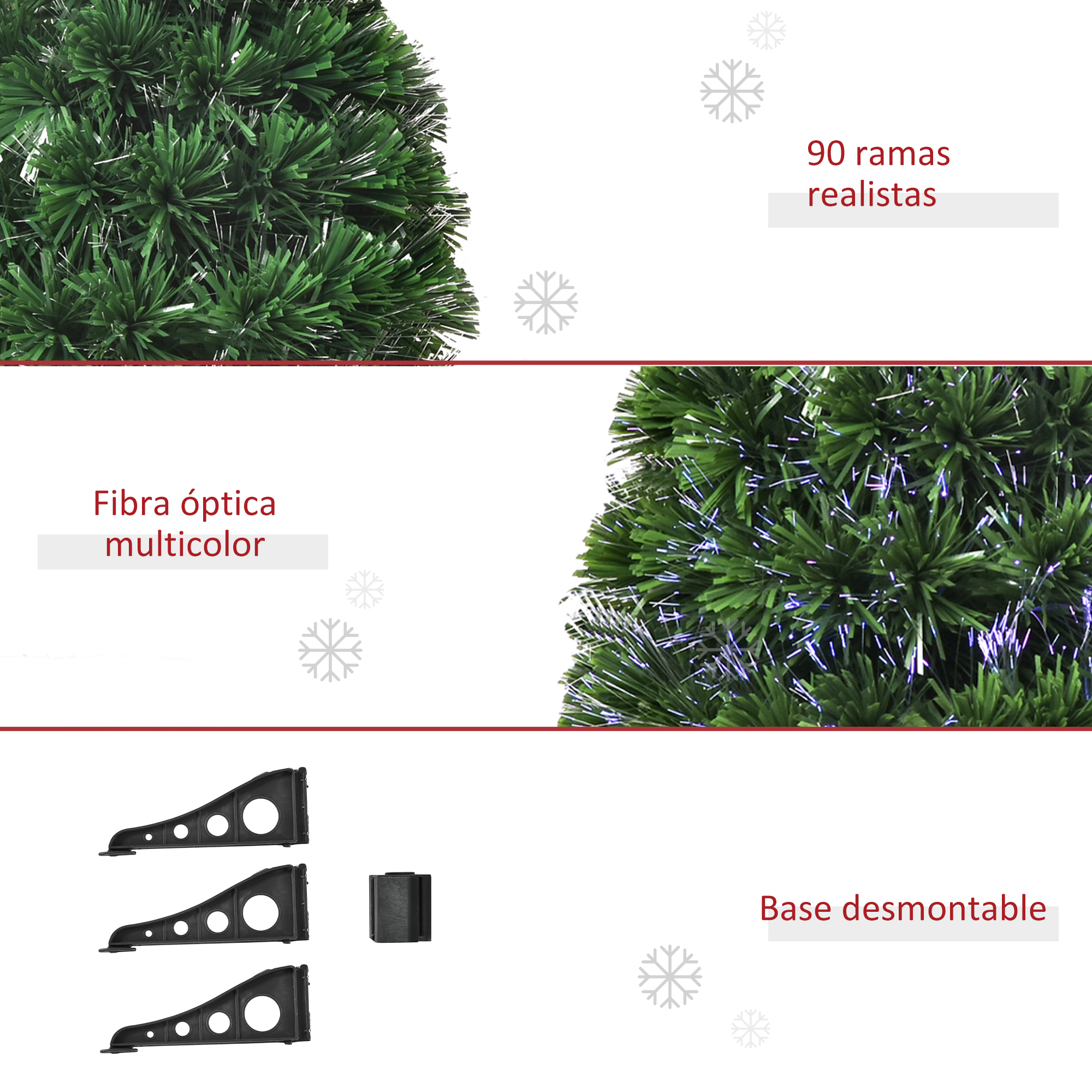 Primer plano de una rama de árbol de Navidad con agujas verdes y luces de fibra óptica multicolor, base y soporte.