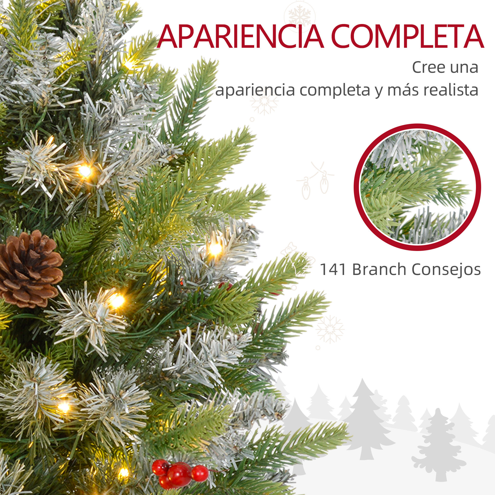 Toma detallada de un árbol de Navidad con puntas cubiertas de nieve, luces y una piña.