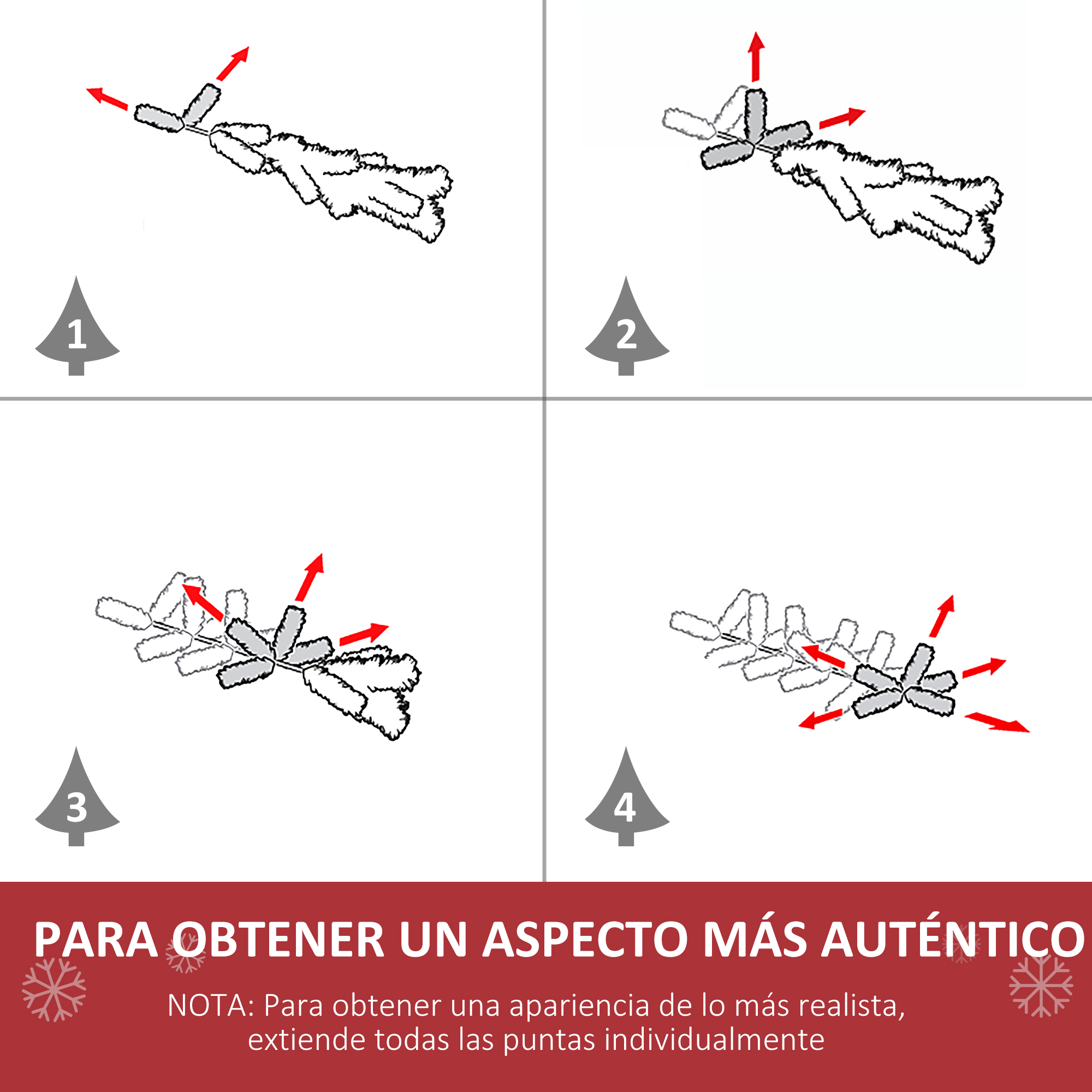 Diagrama que muestra cómo extender las ramas del árbol de Navidad para una apariencia más realista.