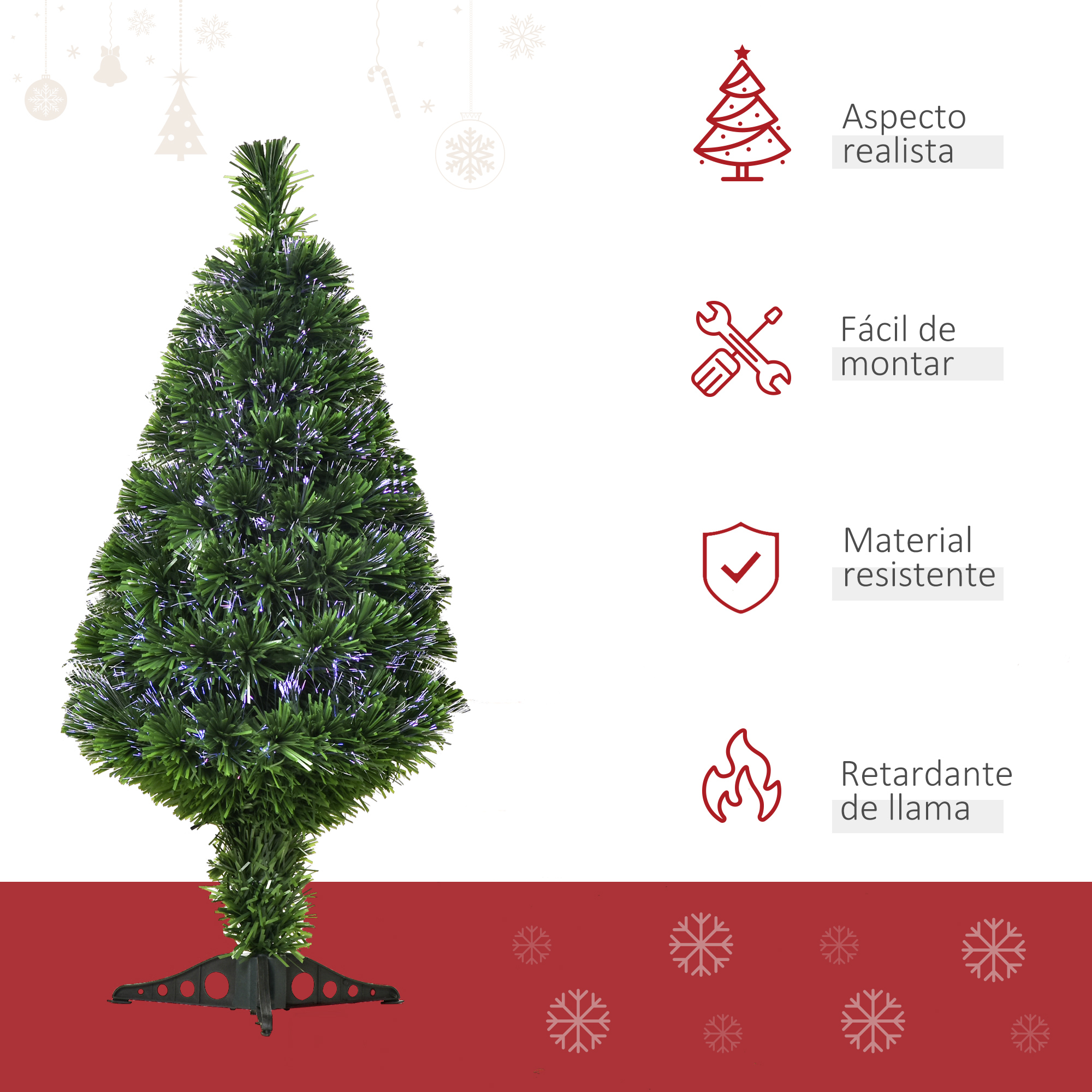 Un árbol de Navidad verde con base negra. Iconos muestran aspecto realista, fácil montaje y retardante de llama.