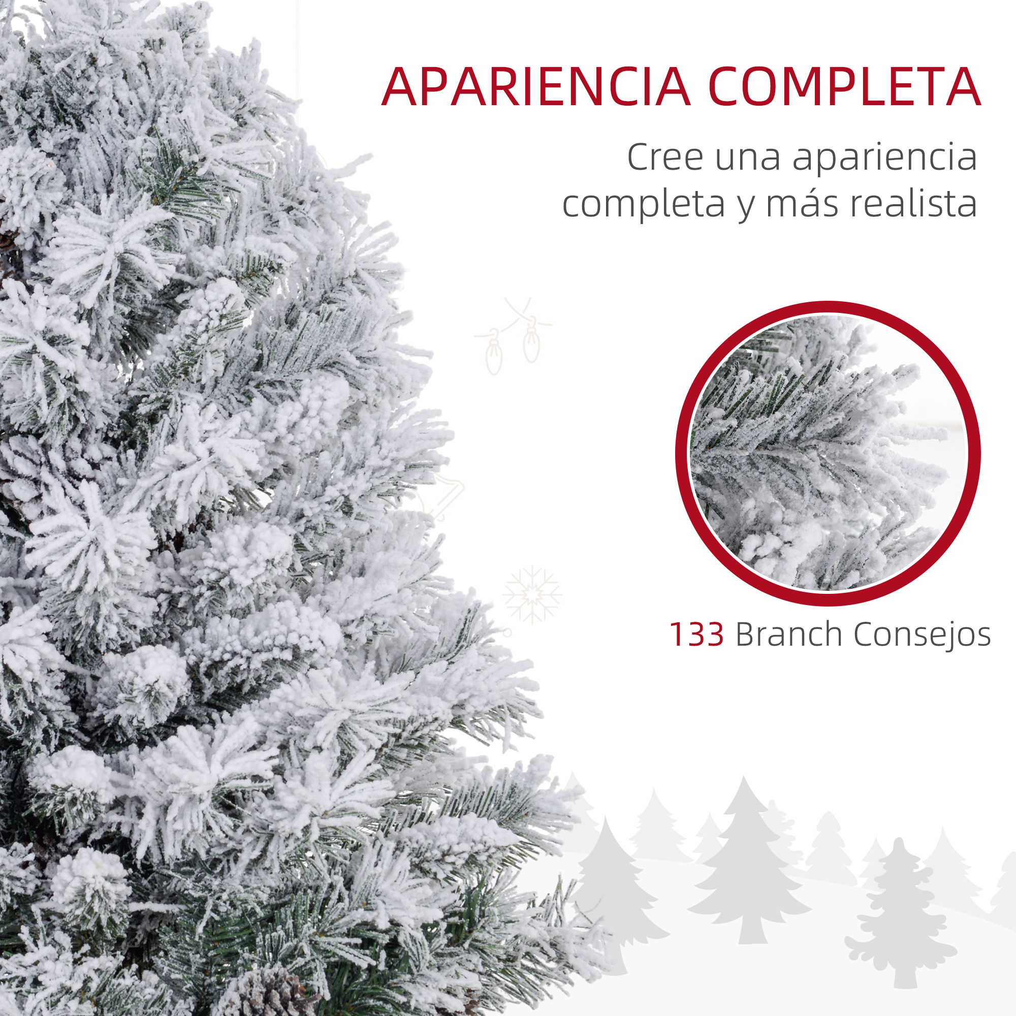 Árbol de Navidad cubierto de nieve, primer plano de ramas, fondo blanco.