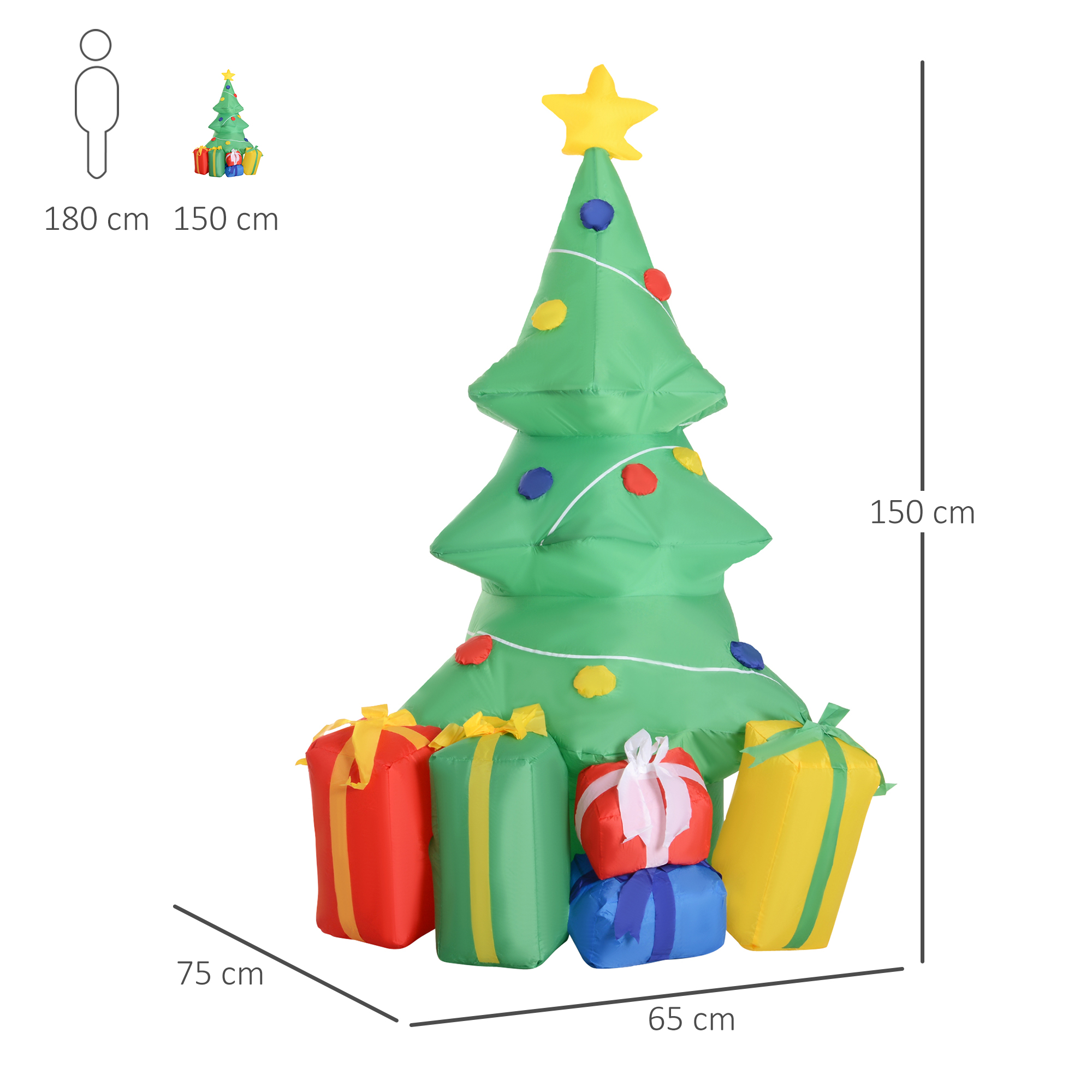 Árbol de Navidad inflable verde con estrella y adornos coloridos, con regalos. Dimensiones mostradas.