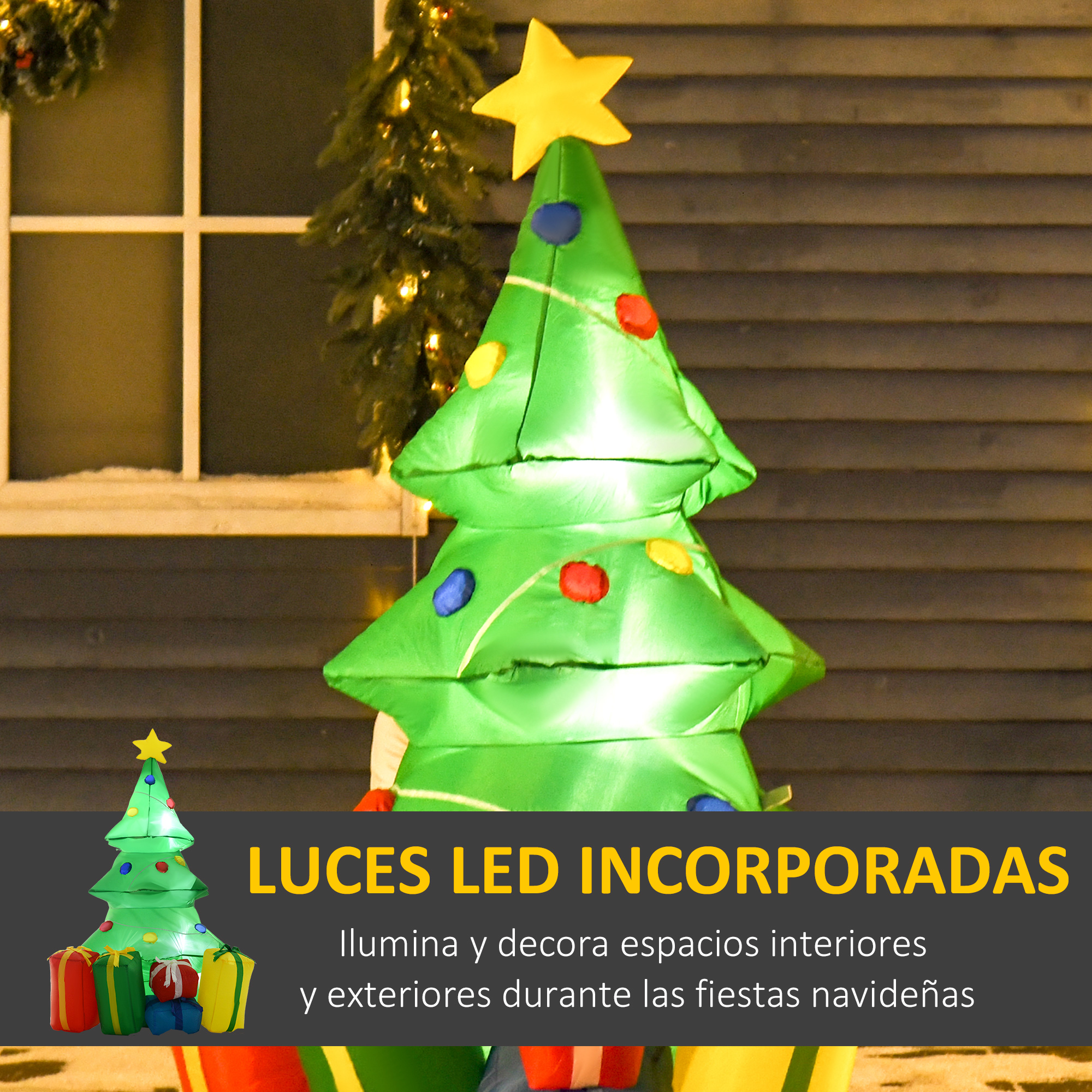 Un árbol de Navidad inflable verde con adornos coloridos está afuera con una superposición de texto.