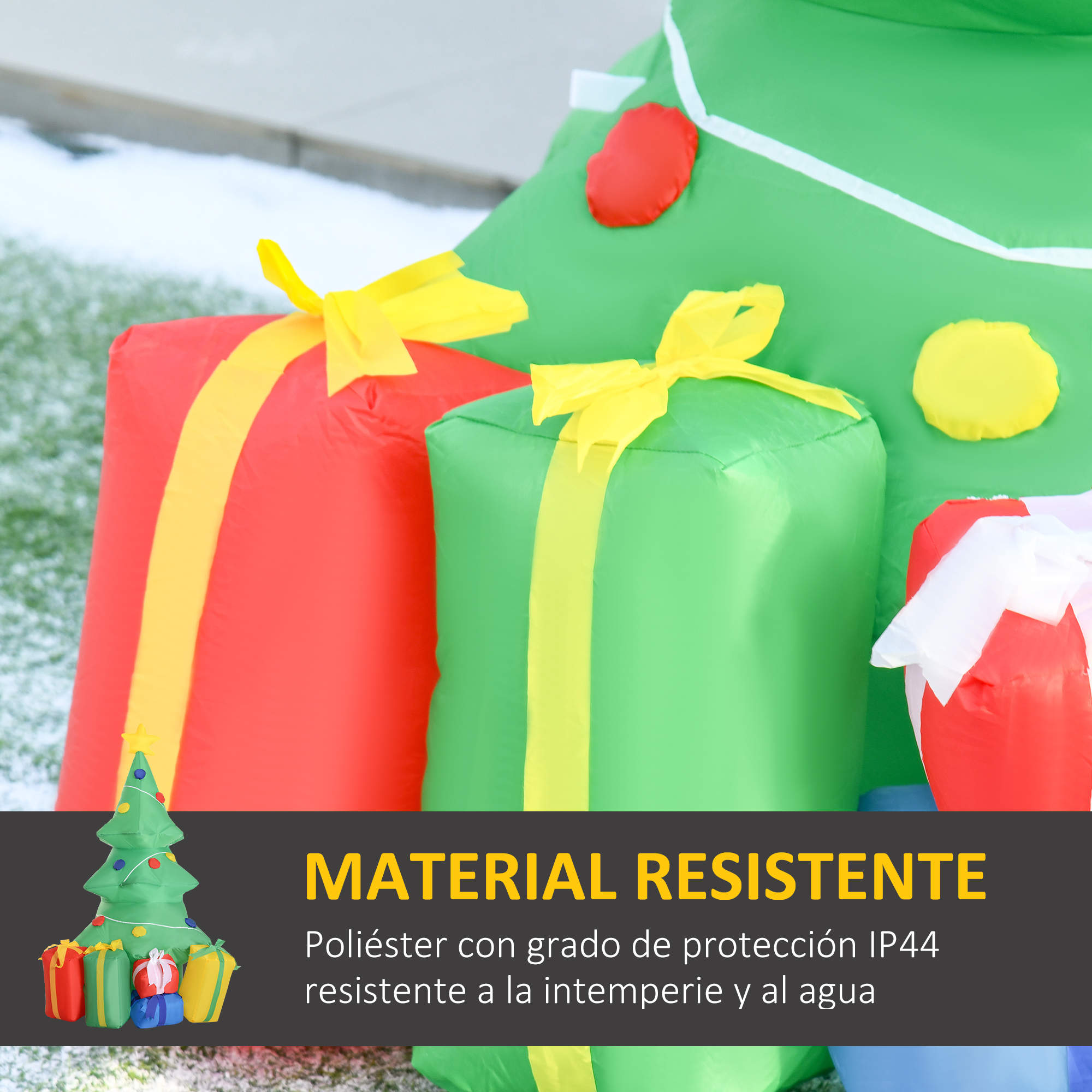 Una escena festiva al aire libre con un árbol de Navidad inflable y regalos.