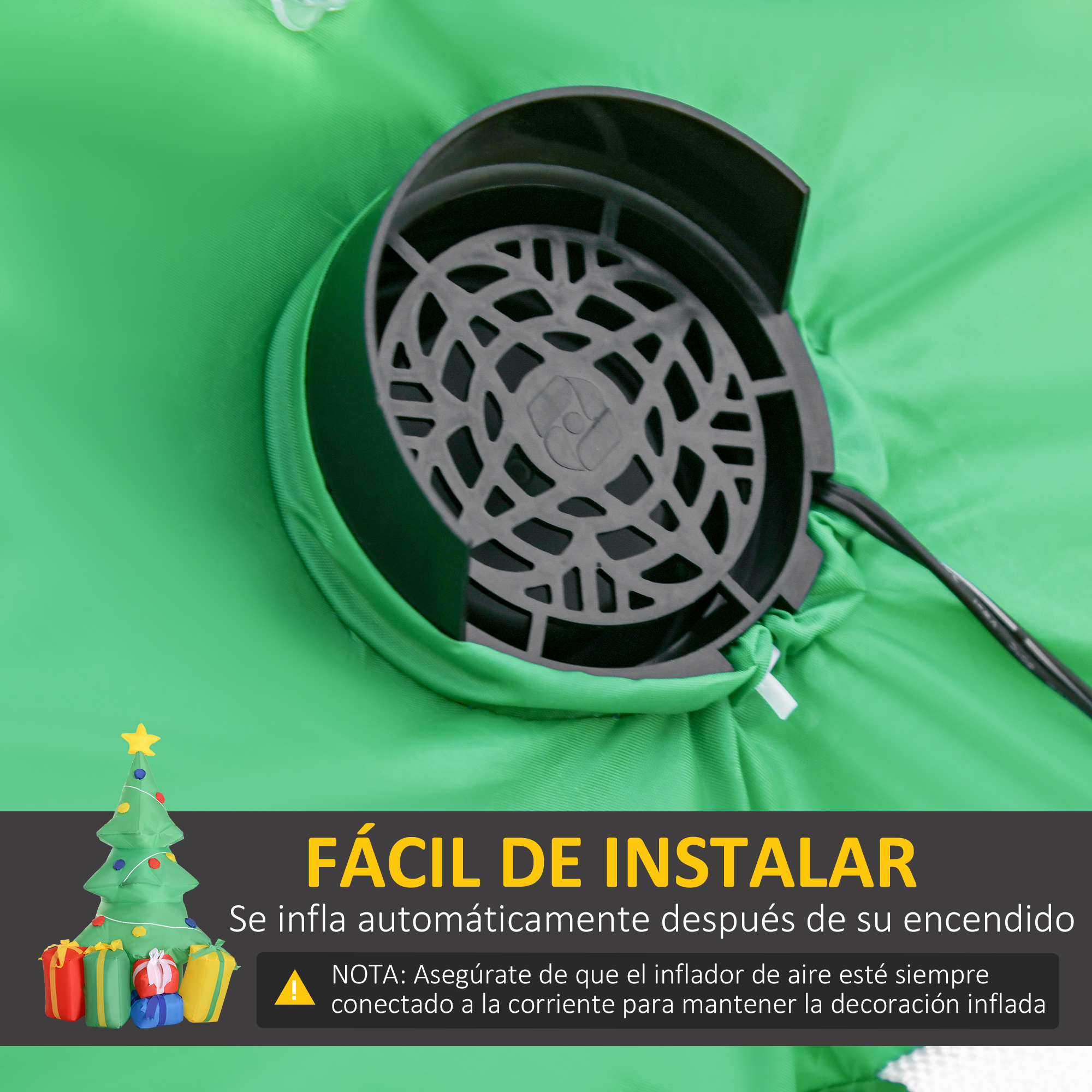 Ventilador de árbol de Navidad inflable verde. Se ven un árbol de Navidad y regalos.