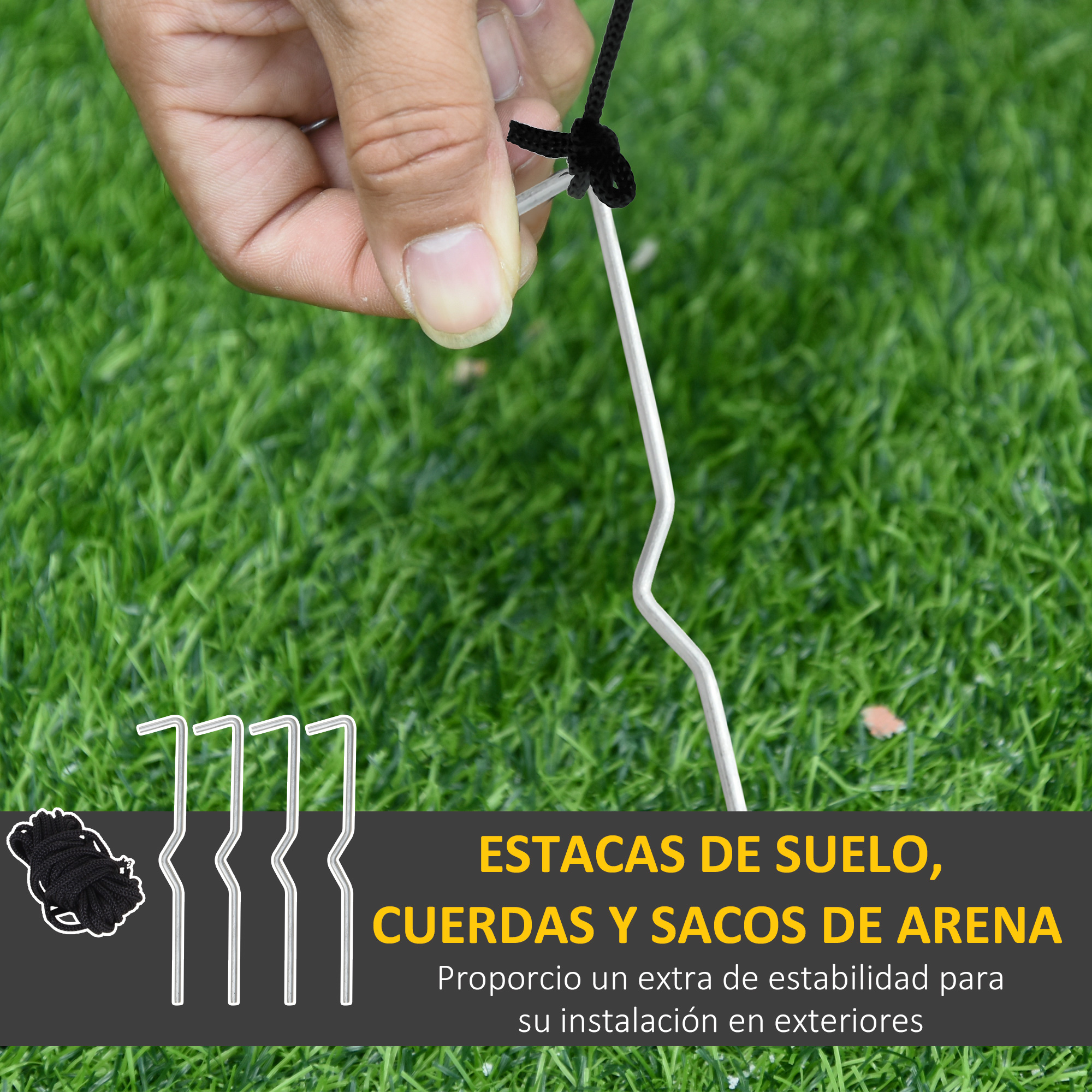 Suelo con hierba, varias estacas de tienda, cuerda y un texto que dice 'ESTACAS DE SUELO...'