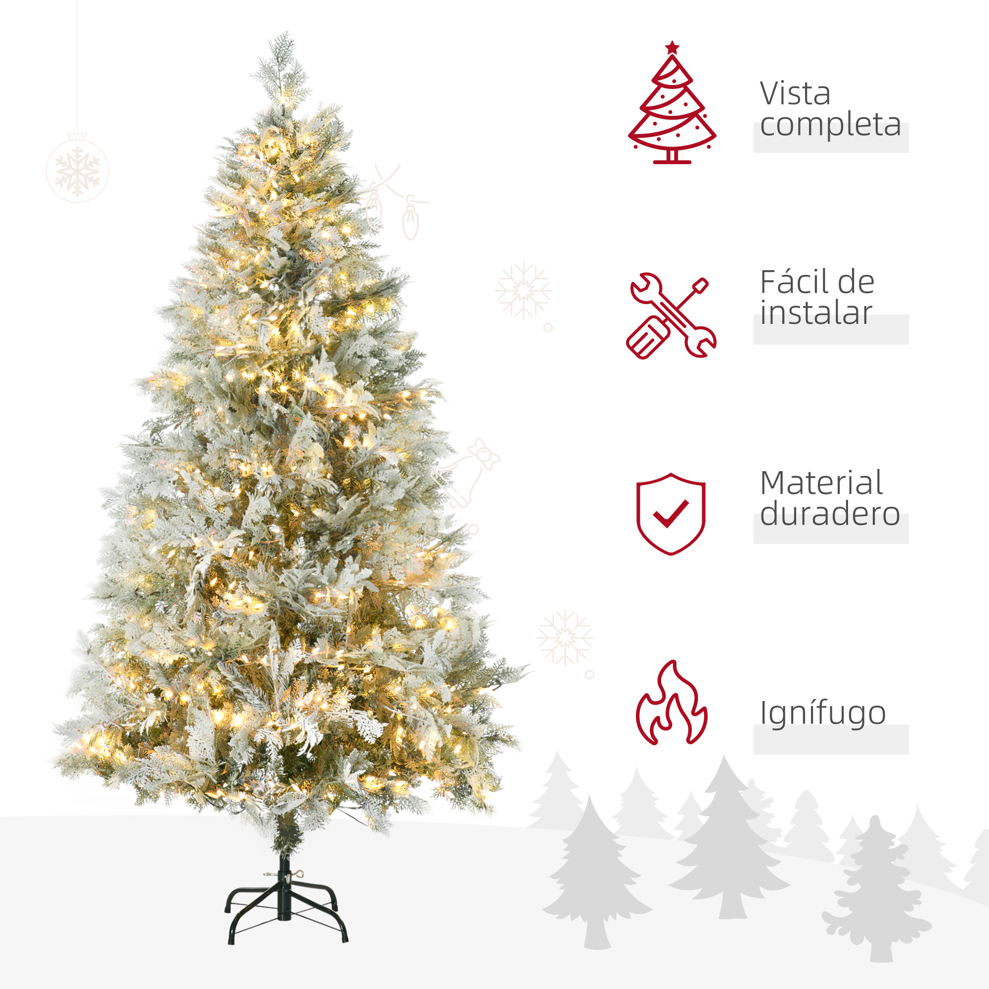 Árbol de Navidad cubierto de nieve con luces, soporte e iconos al lado.