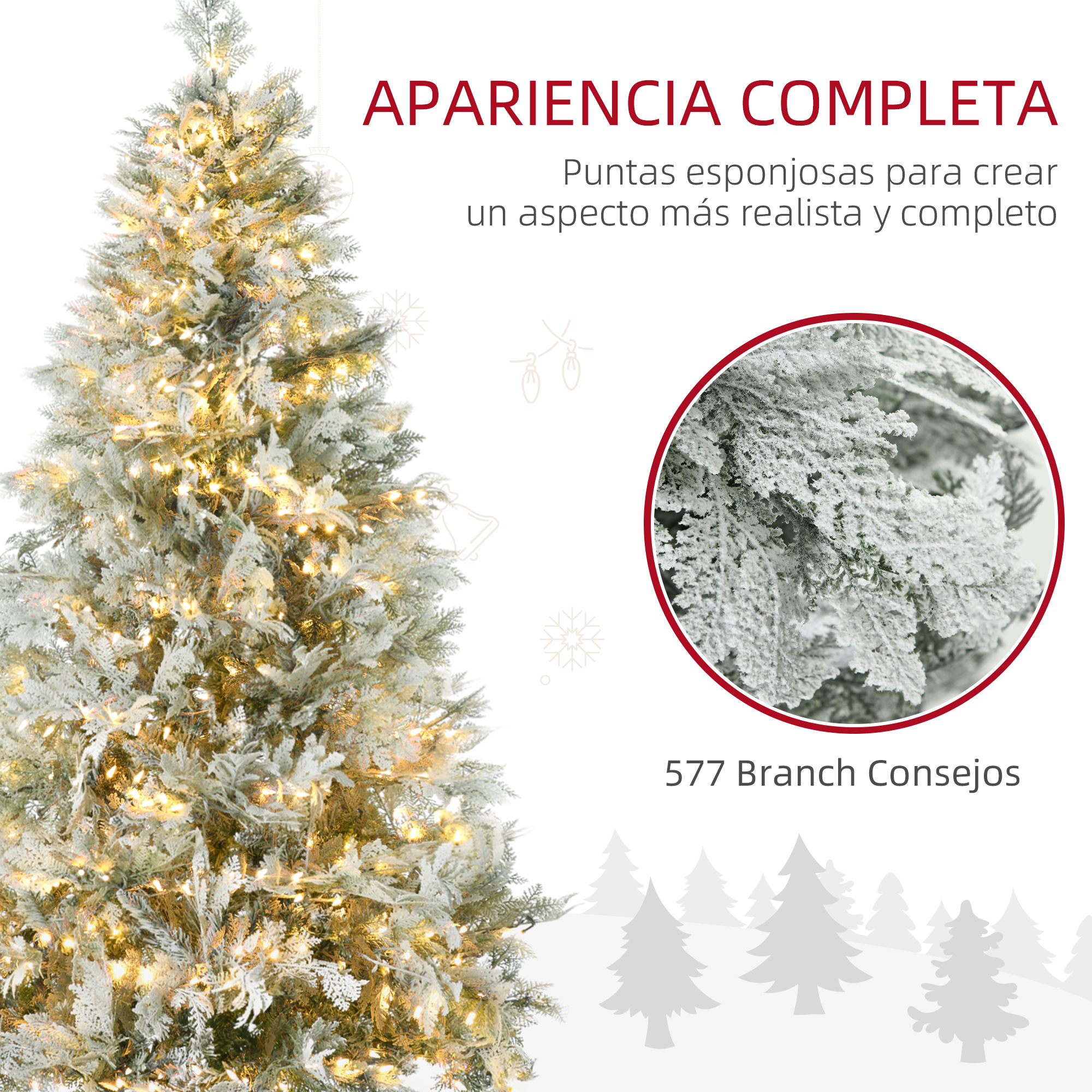 Árbol de Navidad artificial blanco con luces y detalles de nieve.