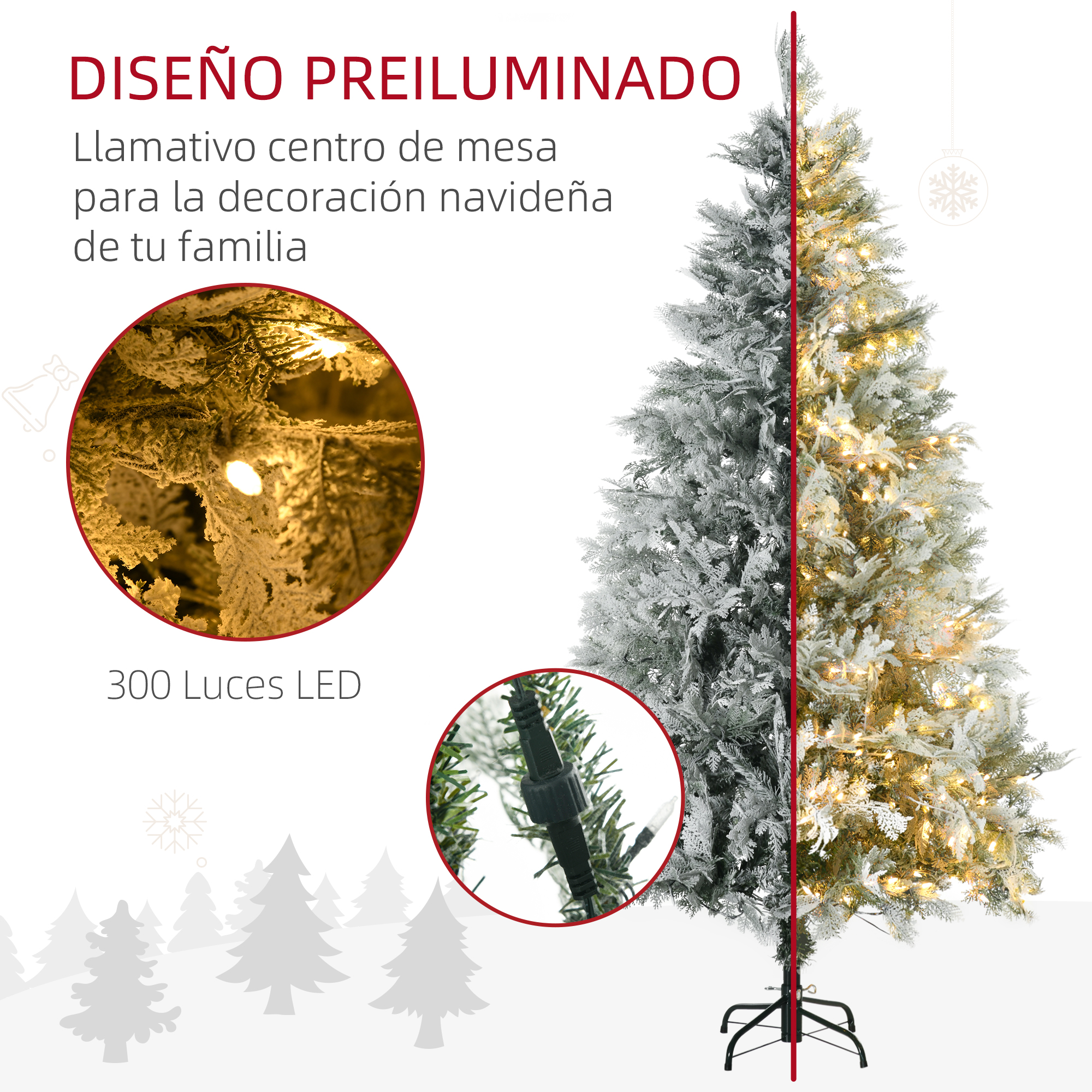 Árbol de Navidad preiluminado con luces y soporte.