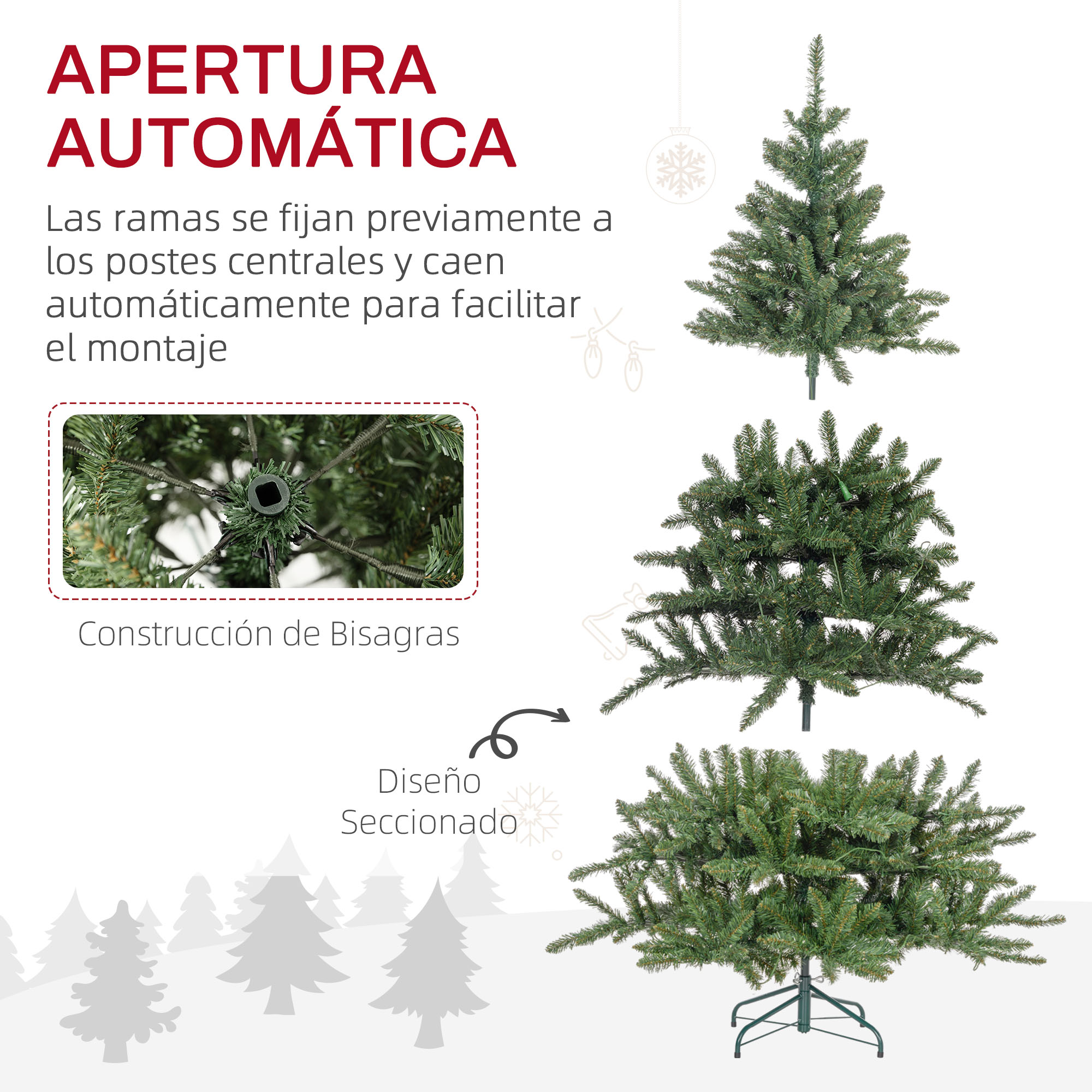Diseño de árbol de Navidad. Texto: apertura automática, construcción con bisagras y diseño seccionado.