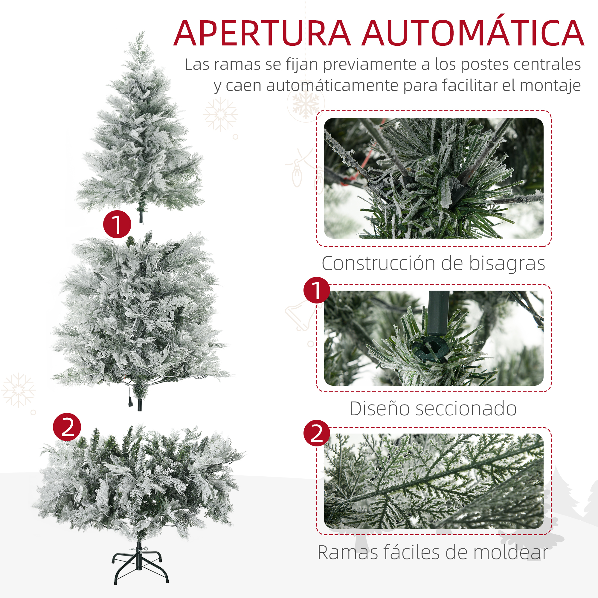 Tres etapas de montaje de un árbol de Navidad, que muestran la construcción con bisagras y las ramas moldeables.