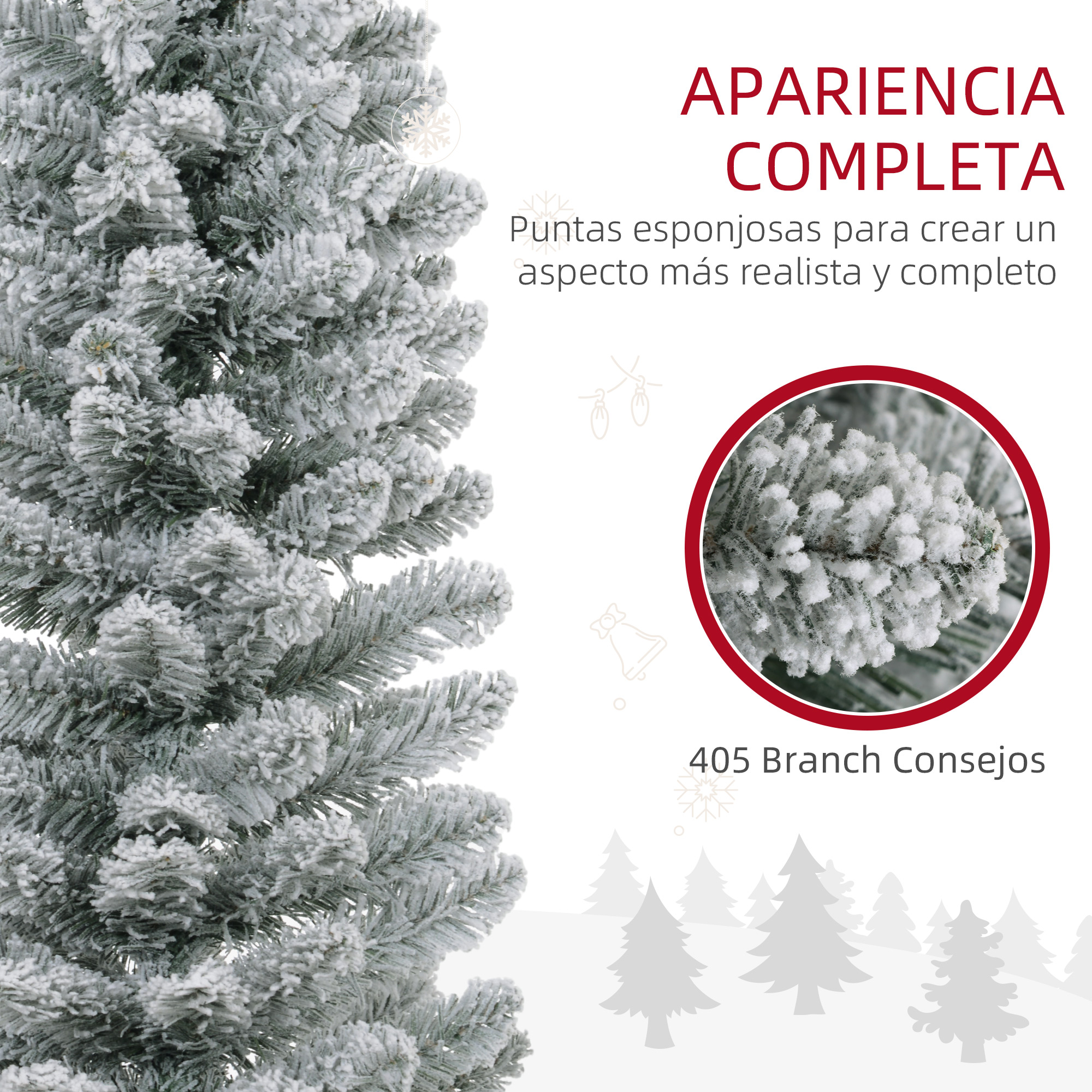 Primer plano de un árbol de Navidad nevado. El texto dice 'apariencia completa' y '405 puntas de rama'.