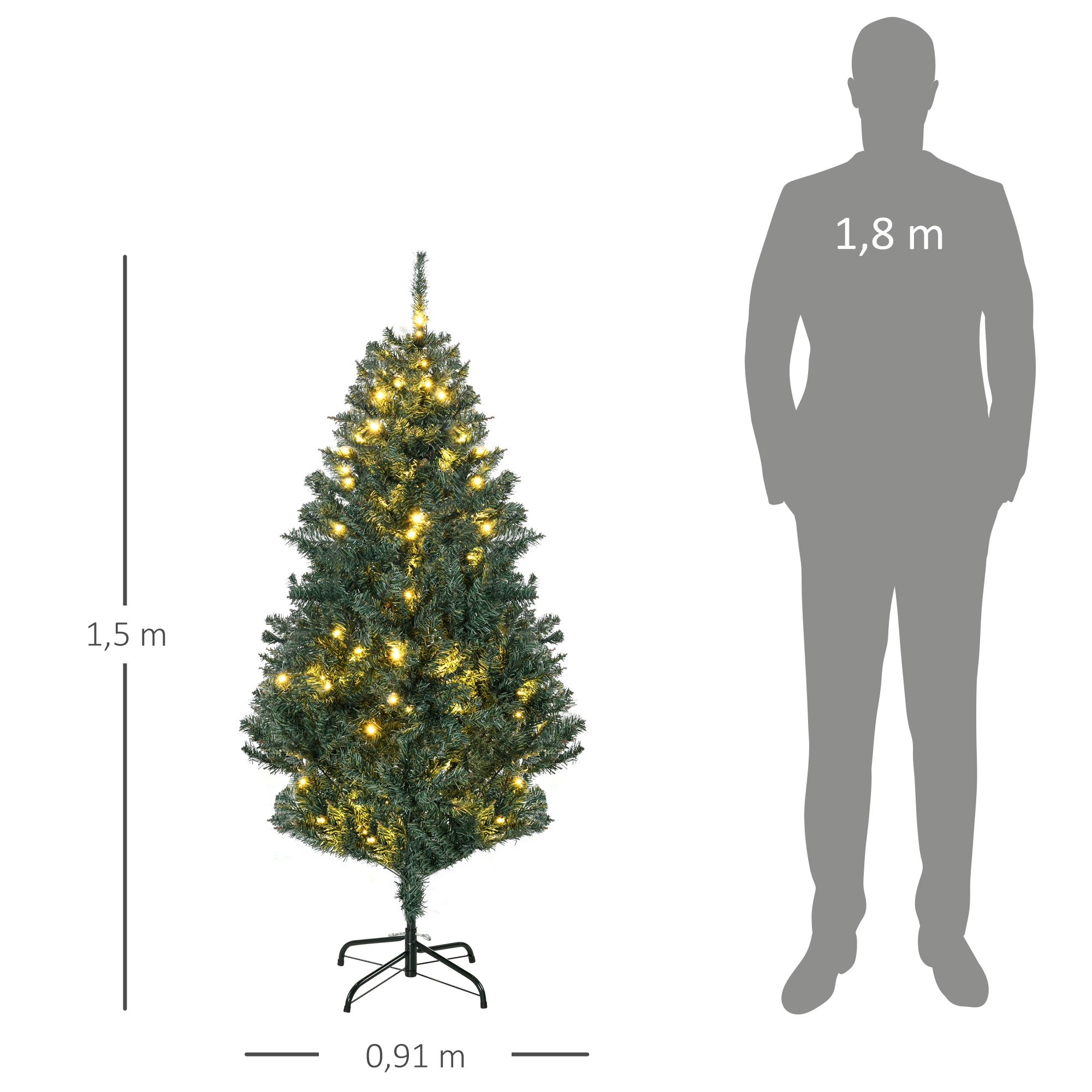 Un árbol de Navidad verde con luces amarillas junto a una silueta de persona que mide 1,8 m de altura.
