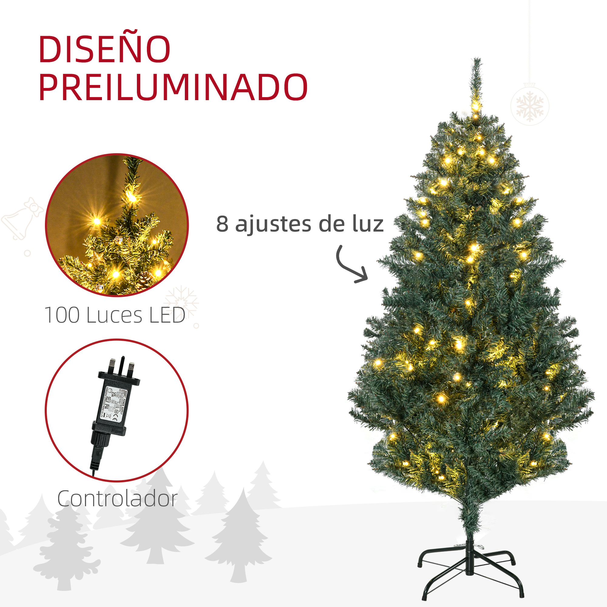 Árbol de Navidad pre-iluminado con luces, controlador y 8 ajustes.