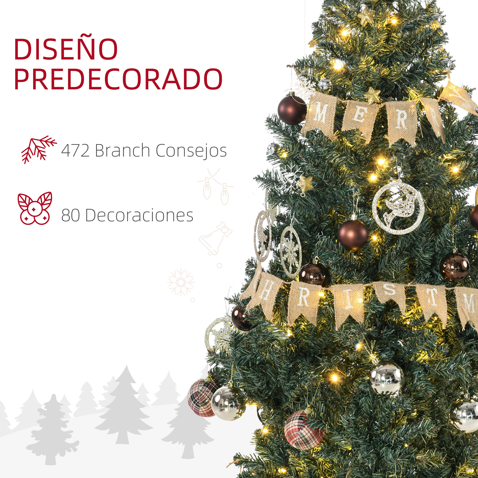 Un árbol de Navidad con decoraciones, texto sobre ramas y decoraciones, fondo blanco.