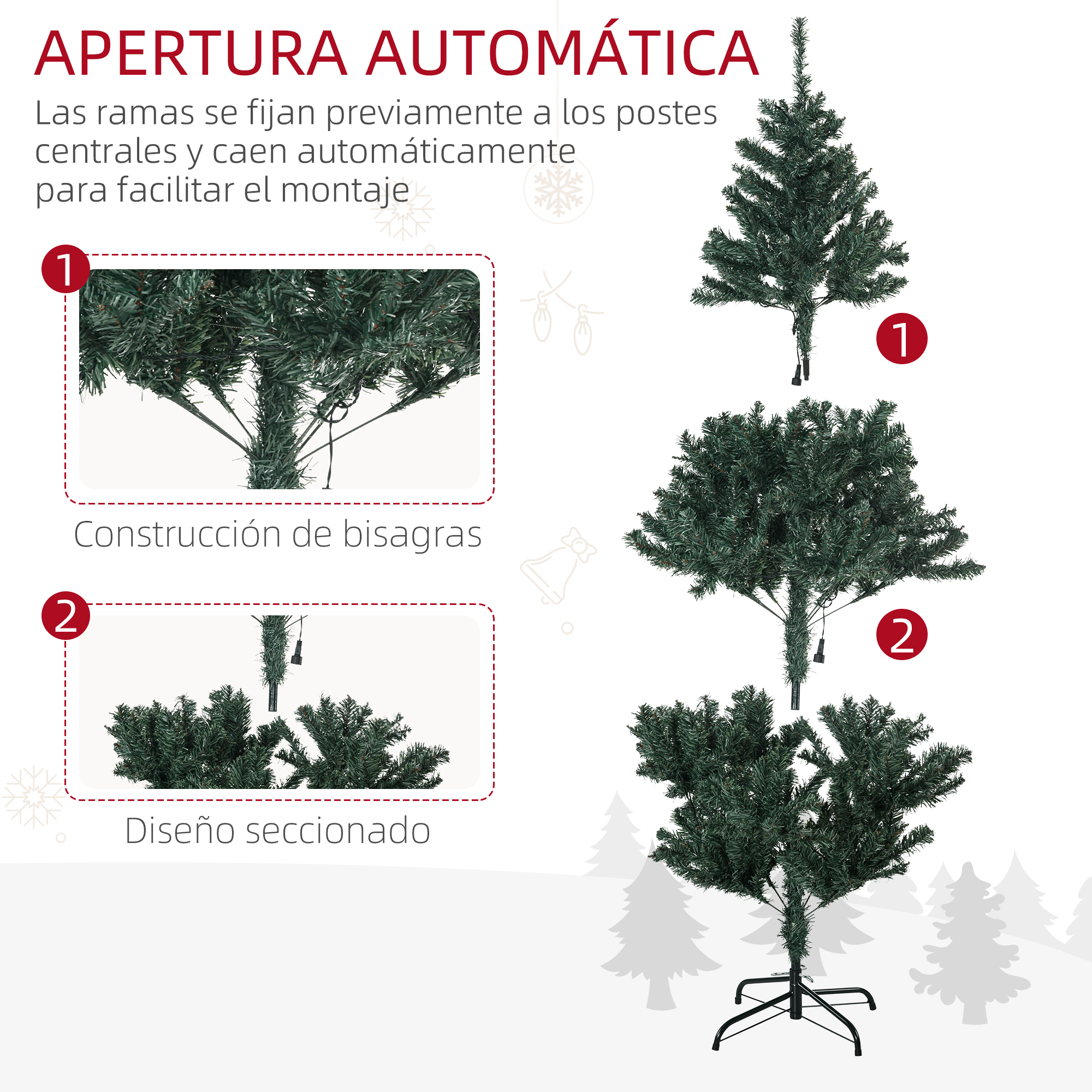 Instrucciones para montar un árbol de Navidad. Las secciones muestran la construcción de la bisagra y el diseño seccionado.