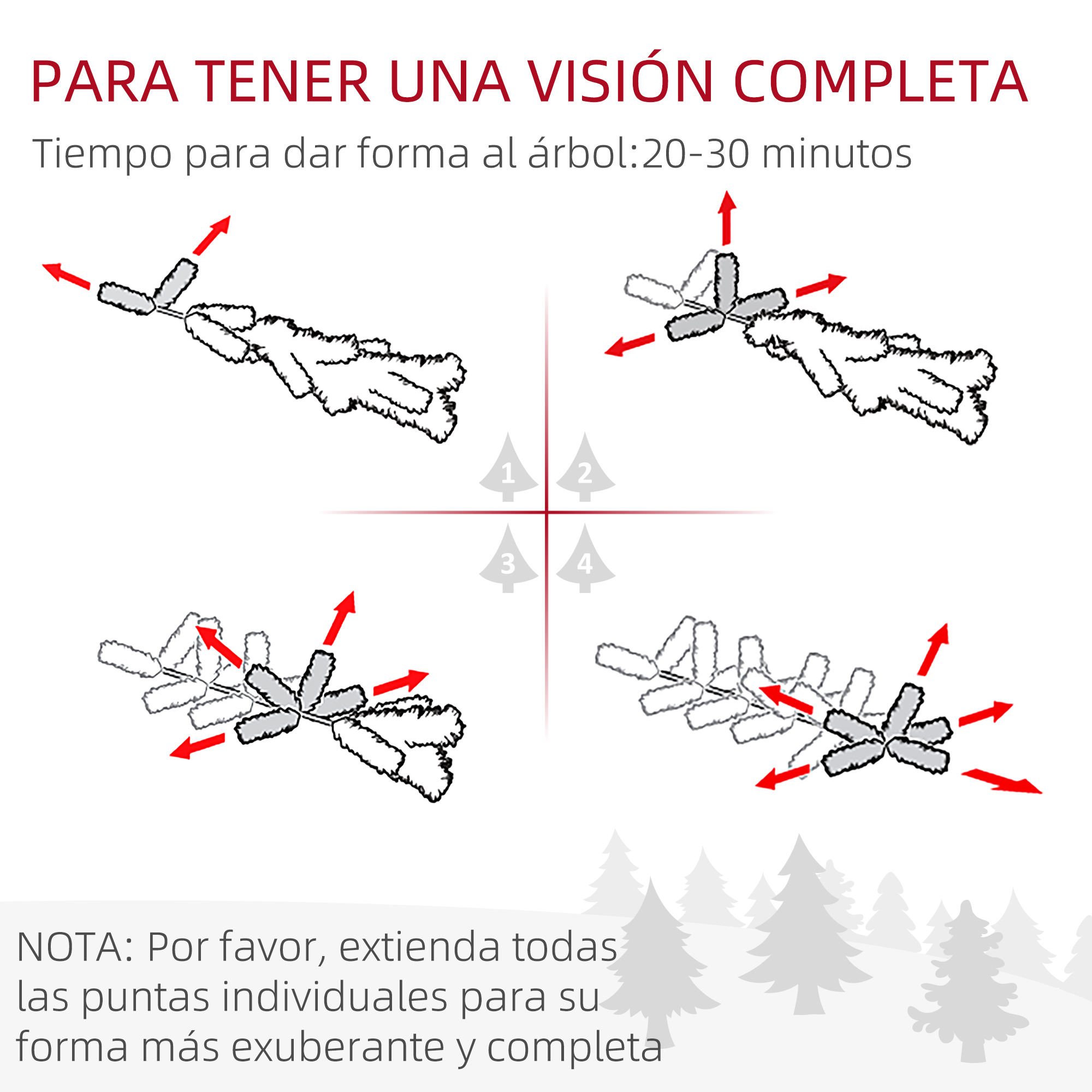 Diagrama que muestra cómo dar forma a un árbol de Navidad artificial. Instrucciones.