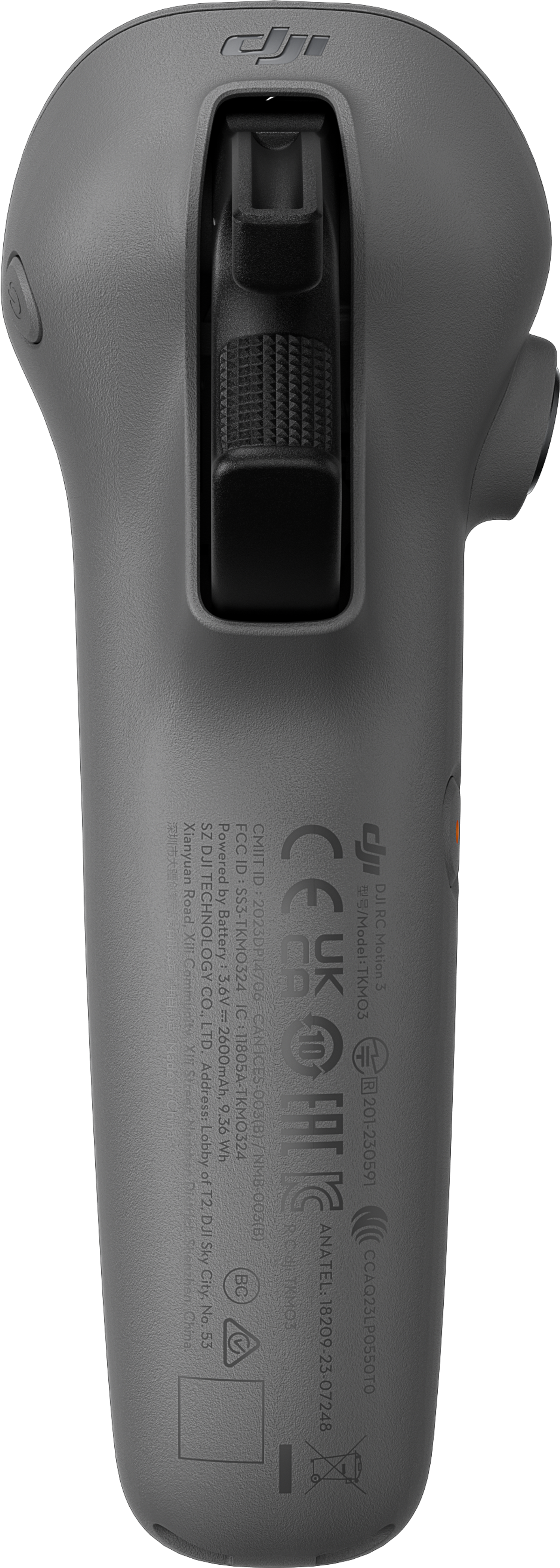 Szary kontroler DJI Mini 3 Pro, pokazujący tył z etykietami i przyciskami.