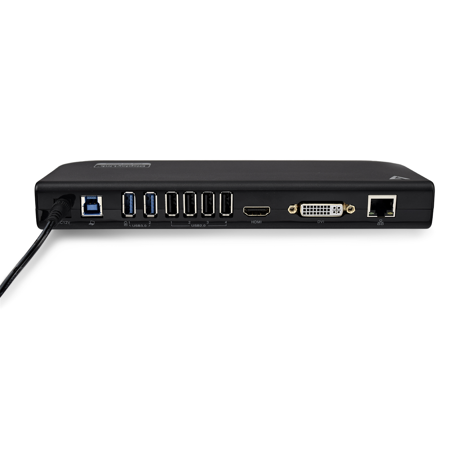 Se muestra un dispositivo negro con múltiples puertos. Tiene puertos USB, HDMI y DVI, junto con una entrada de alimentación.