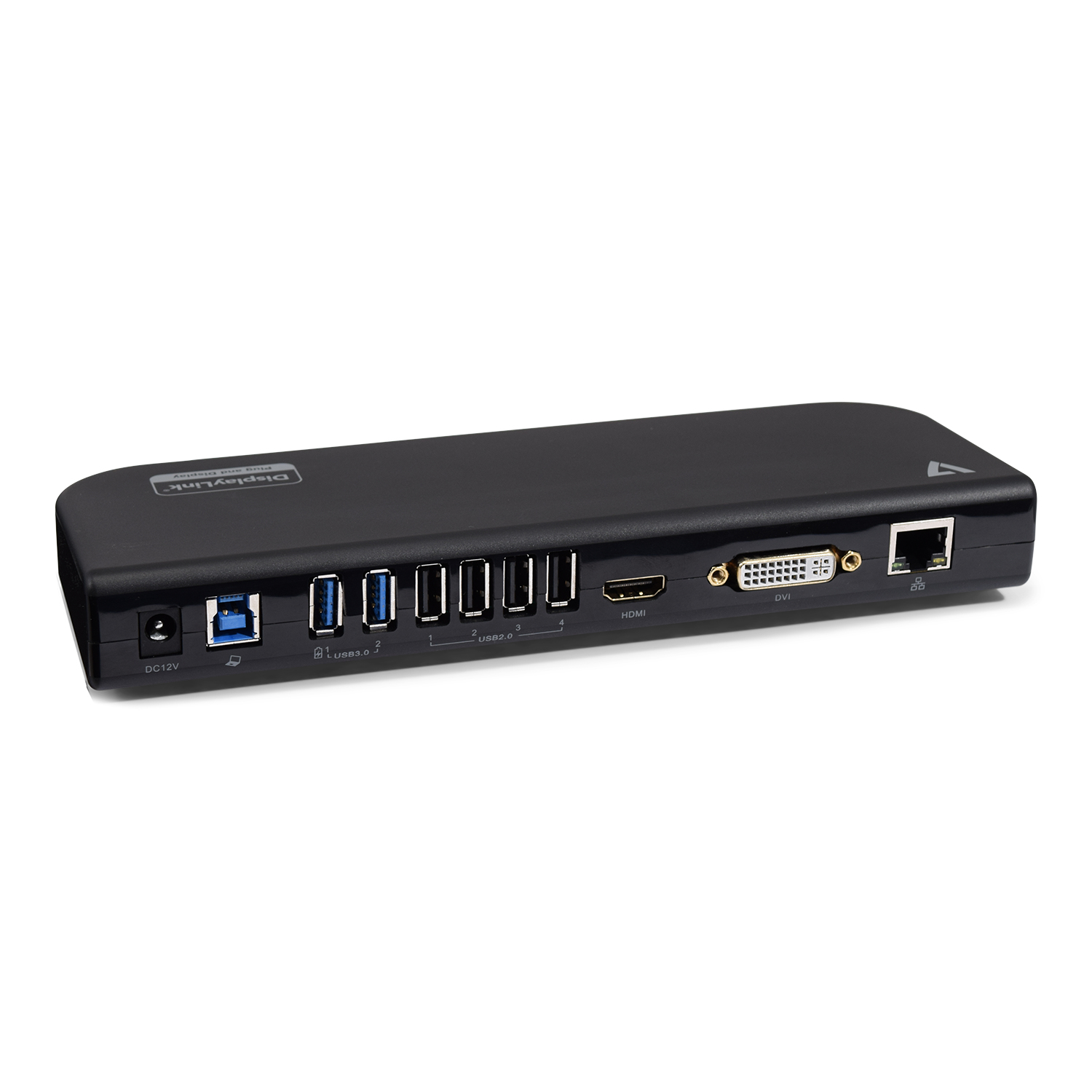 Dispositivo negro con múltiples puertos, incluidos USB y HDMI.
