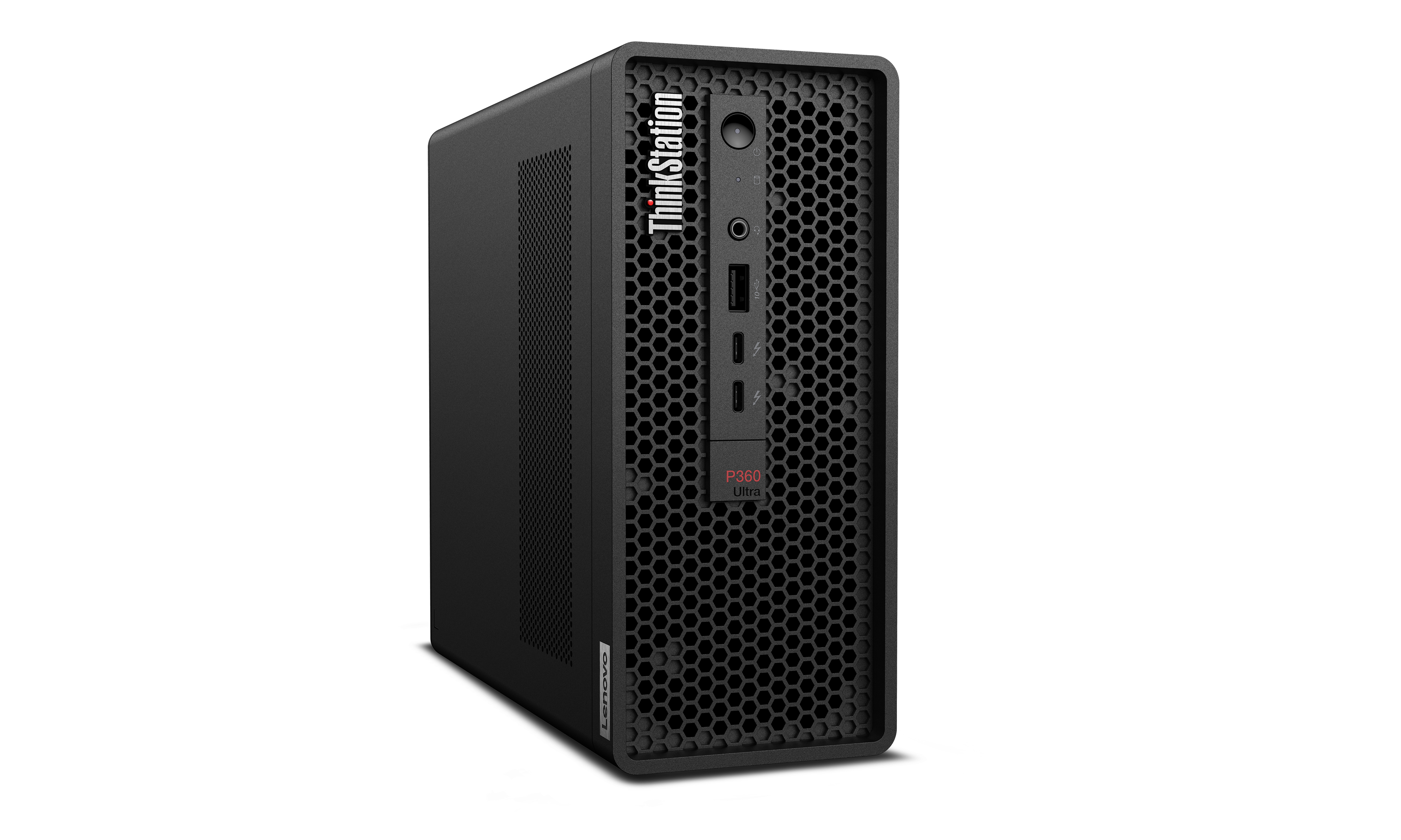 Torre de computadora ThinkStation negra con la marca Lenovo y P360, sobre un fondo blanco.