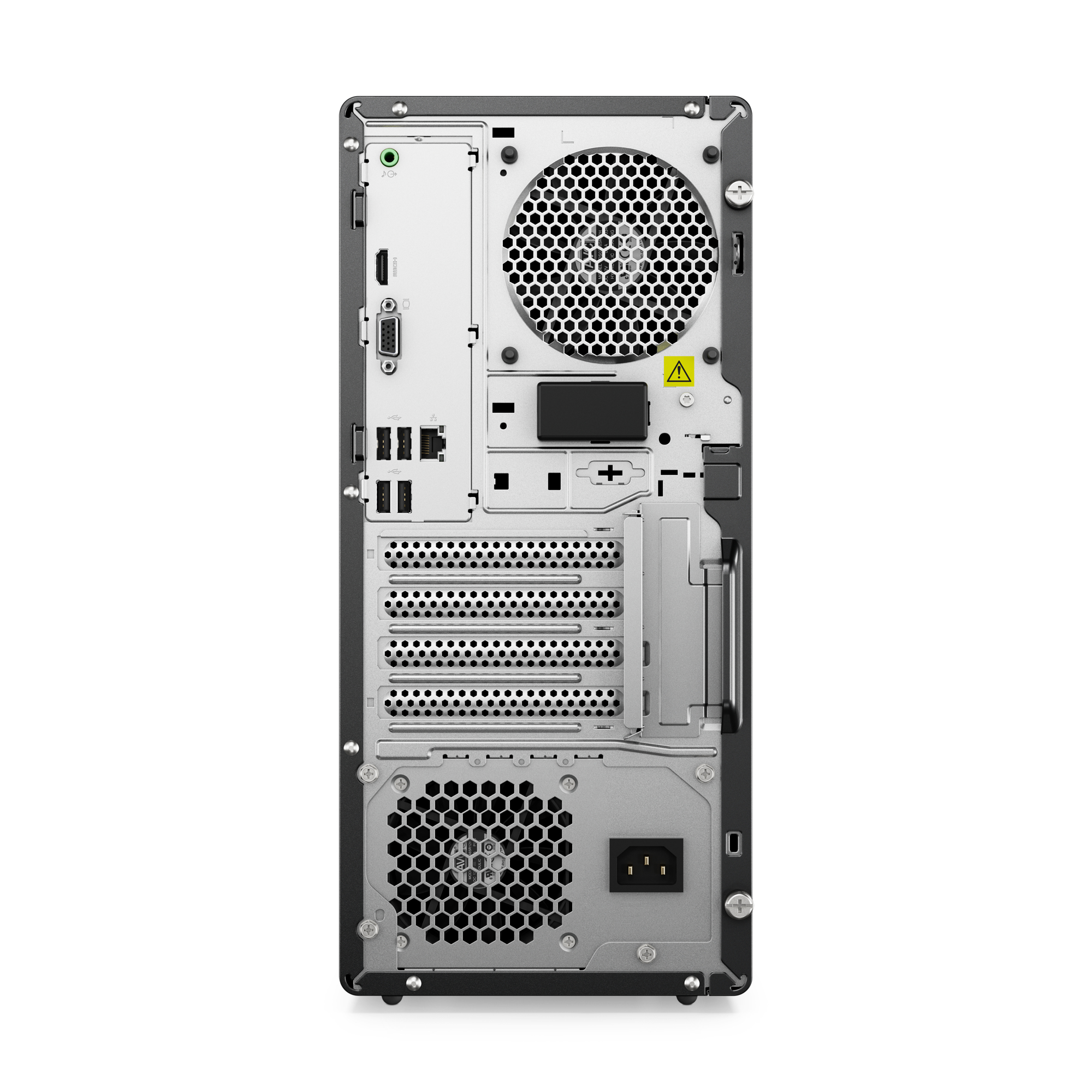 Un case del computer con varie porte e una ventola sul retro. È presente una combinazione di colori nero e grigio.