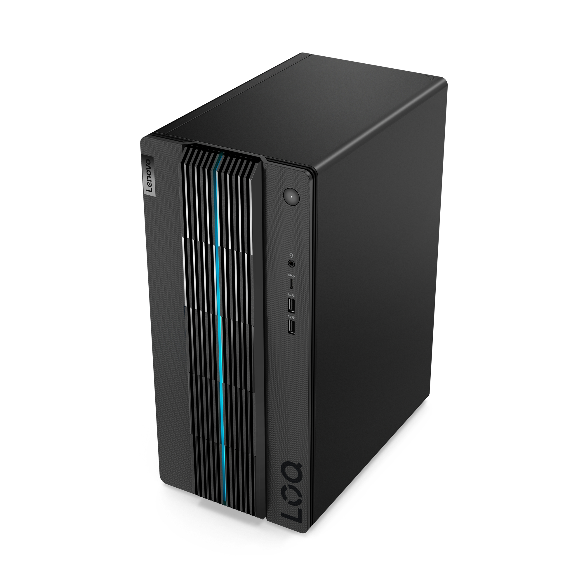 Computer desktop Lenovo LOQ nero con un design elegante, pannello laterale aperto per mostrare l'interno.